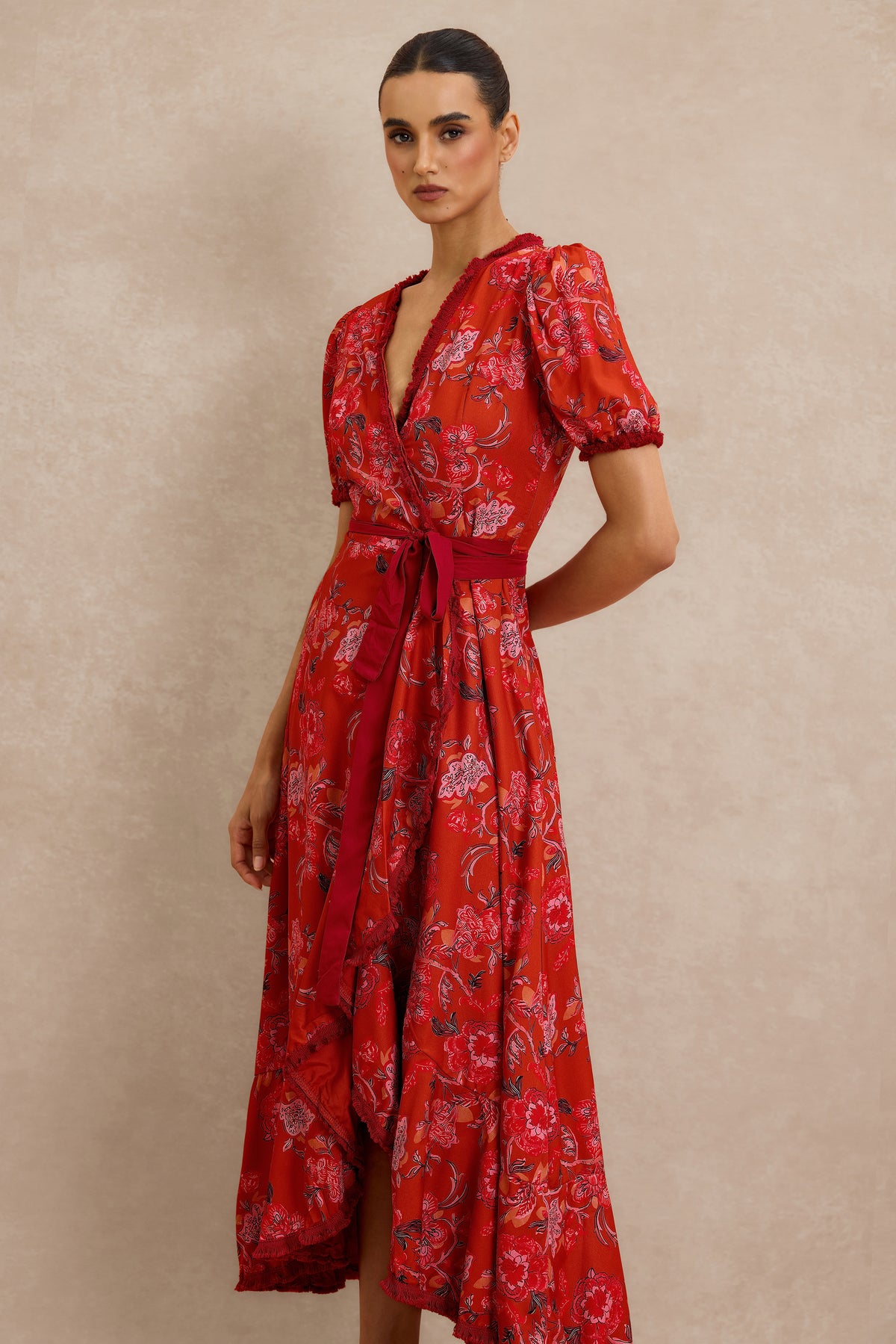 Floral Tassel Puff Sleeve Midi Wrap Dress