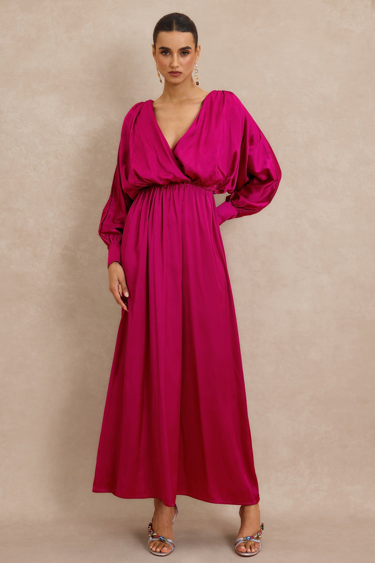 Wrap Front Balloon Sleeve V Neck Gatnering Midi Dress