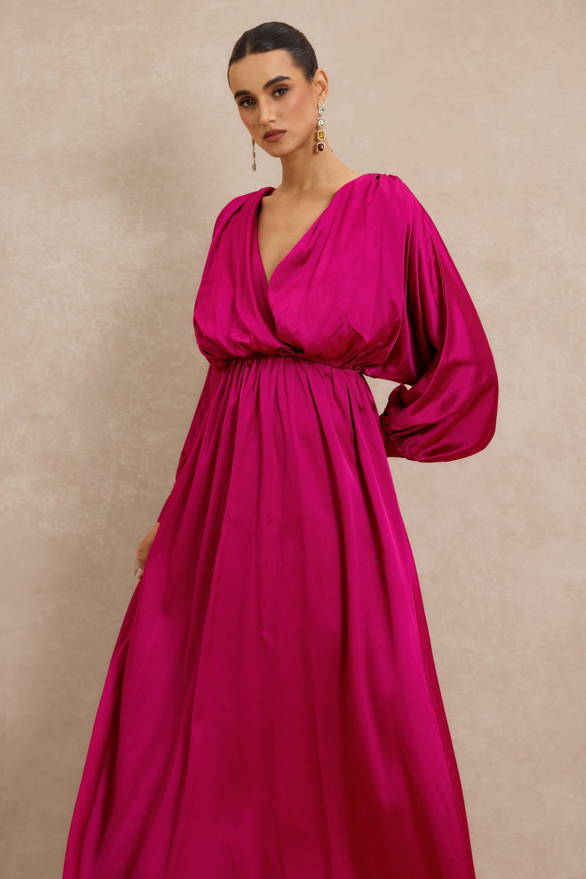 Wrap Front Balloon Sleeve V Neck Gatnering Midi Dress