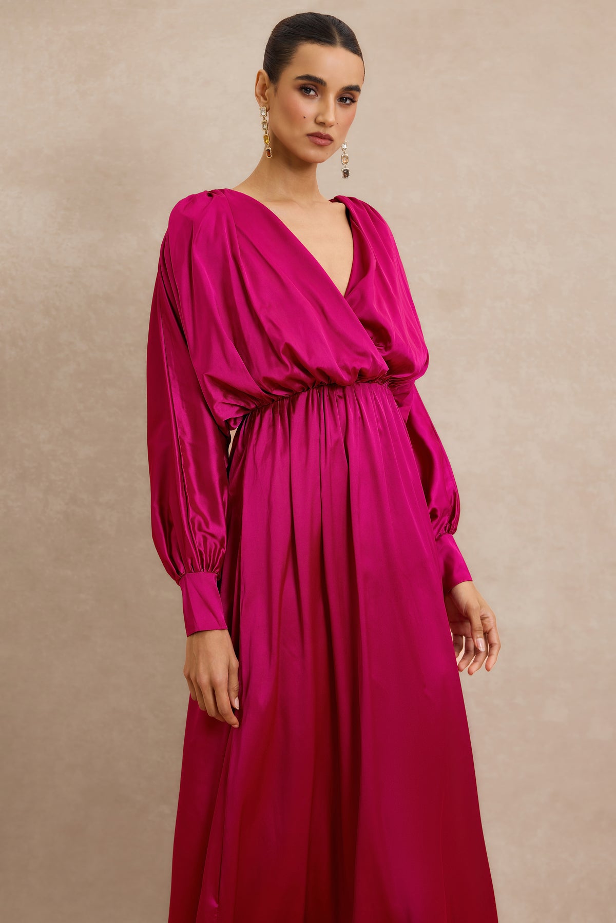 Wrap Front Balloon Sleeve V Neck Gatnering Midi Dress