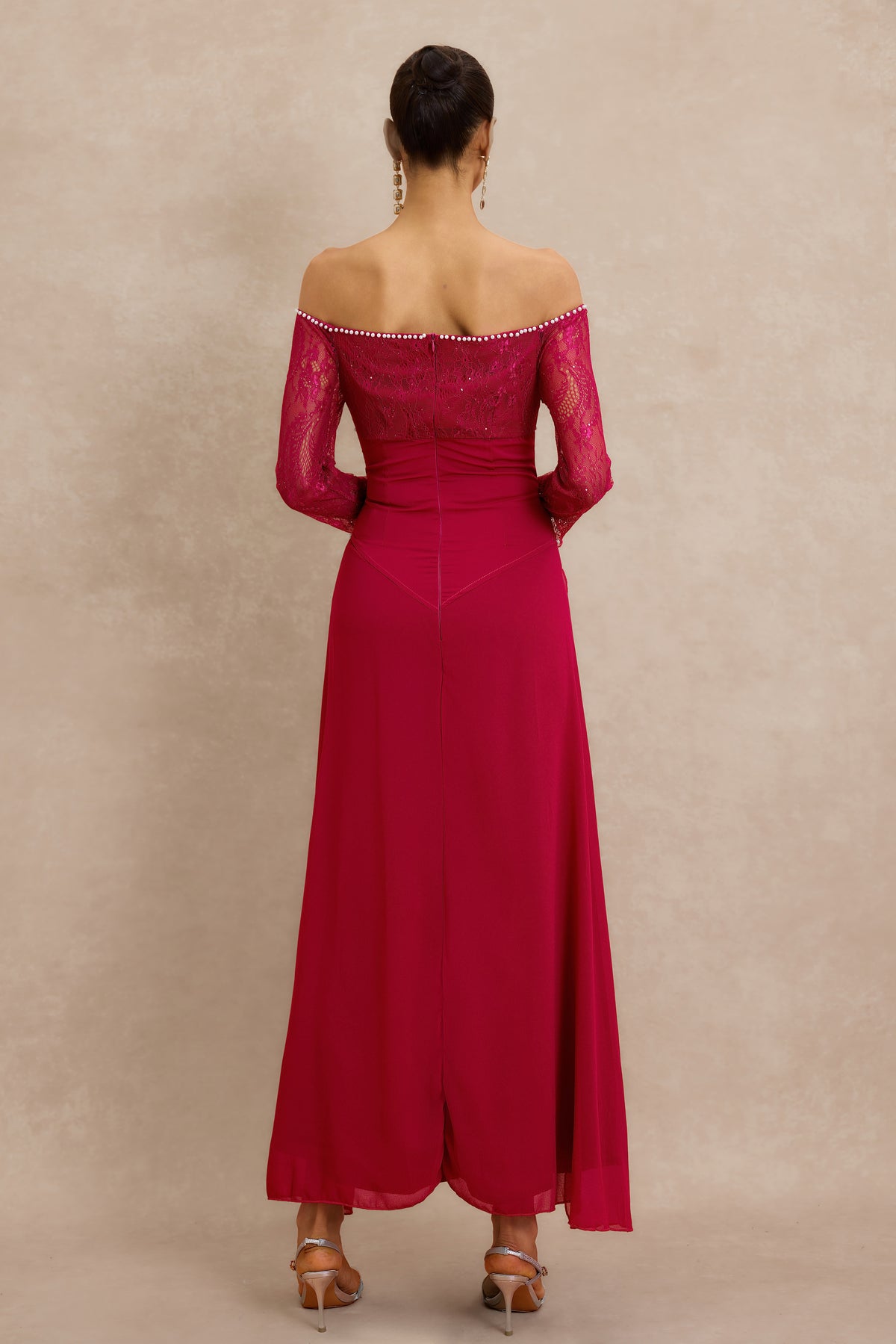Lace Faux Pearl Off Shoulder Midi Dress