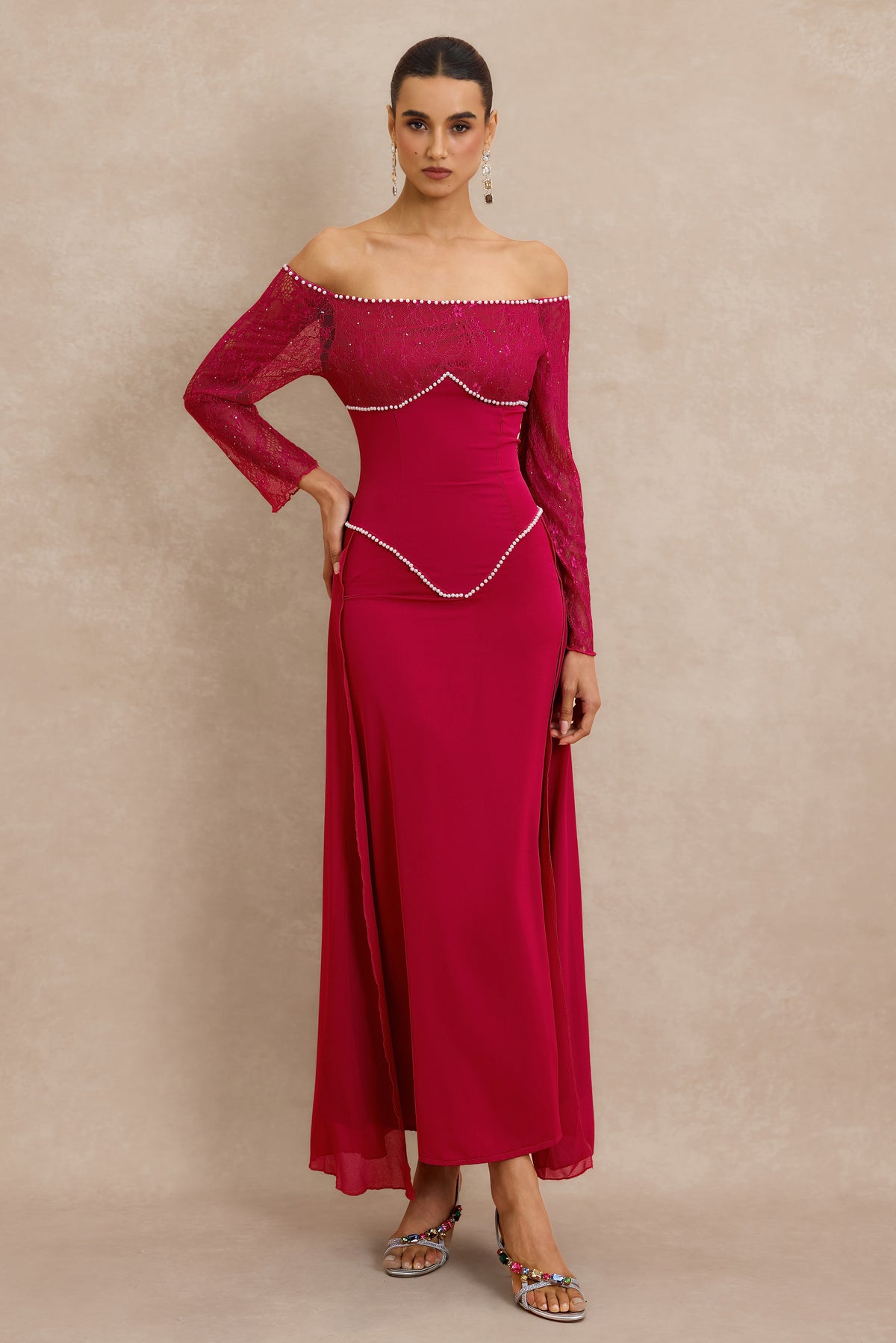 Lace Faux Pearl Off Shoulder Midi Dress