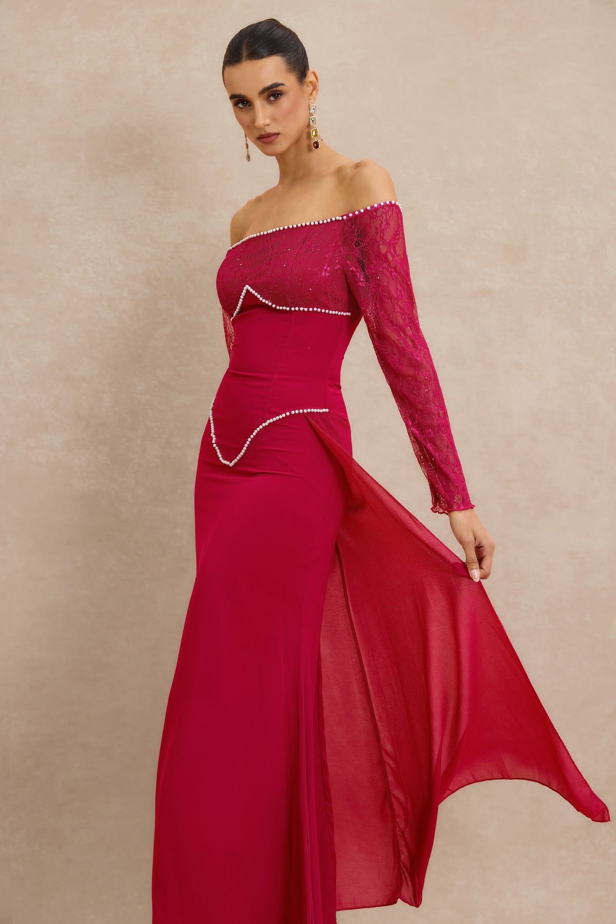 Lace Faux Pearl Off Shoulder Midi Dress