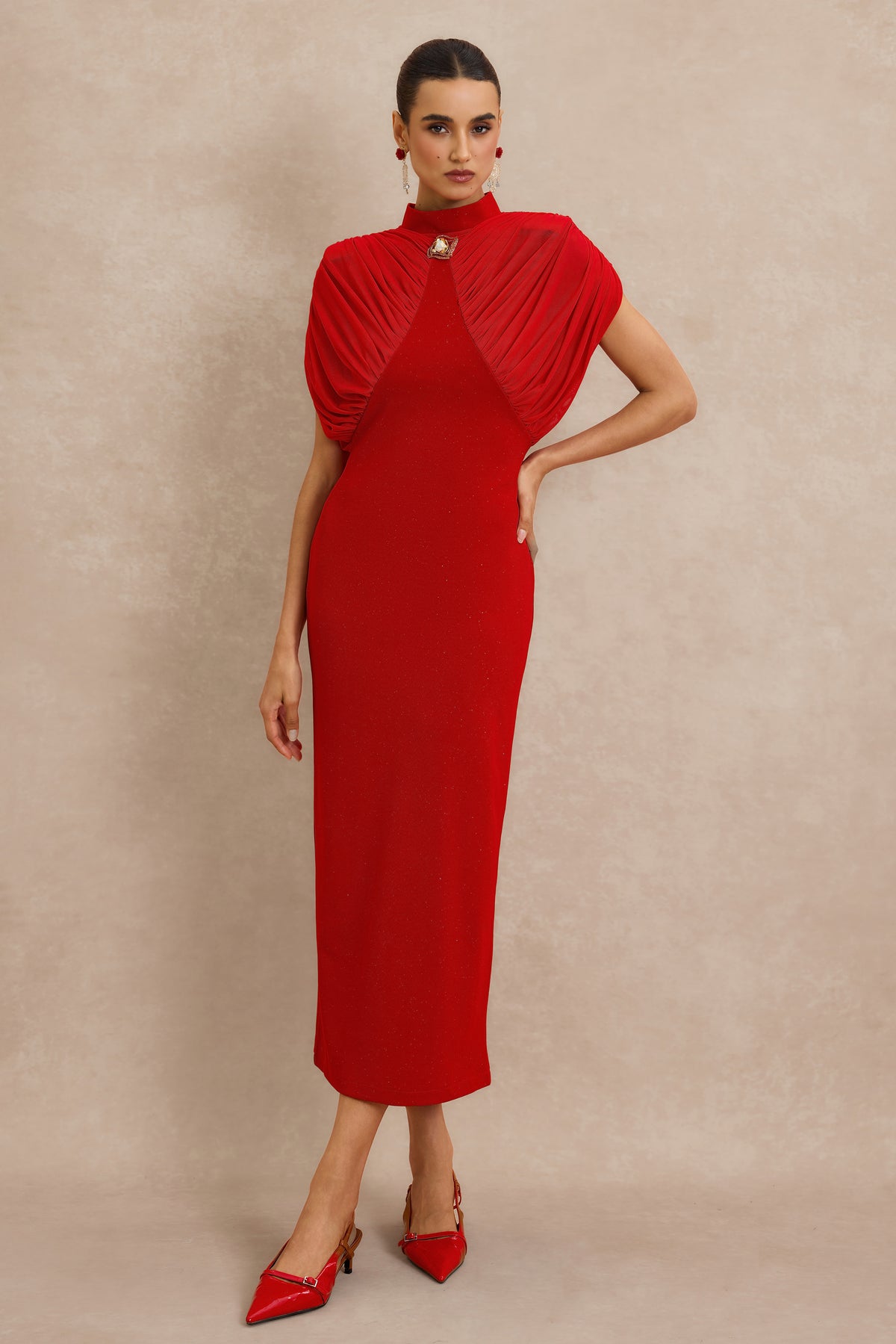 Gathering Metal Decorations Sleeveless Midi Dress