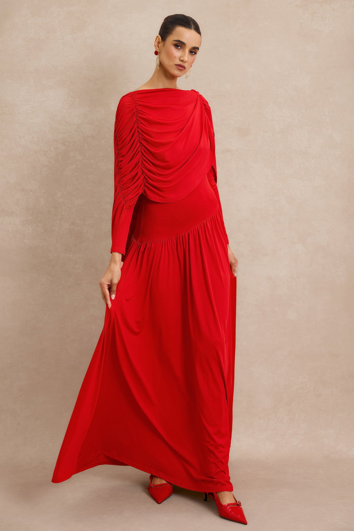 Gathering Cape Backless Maxi Dress