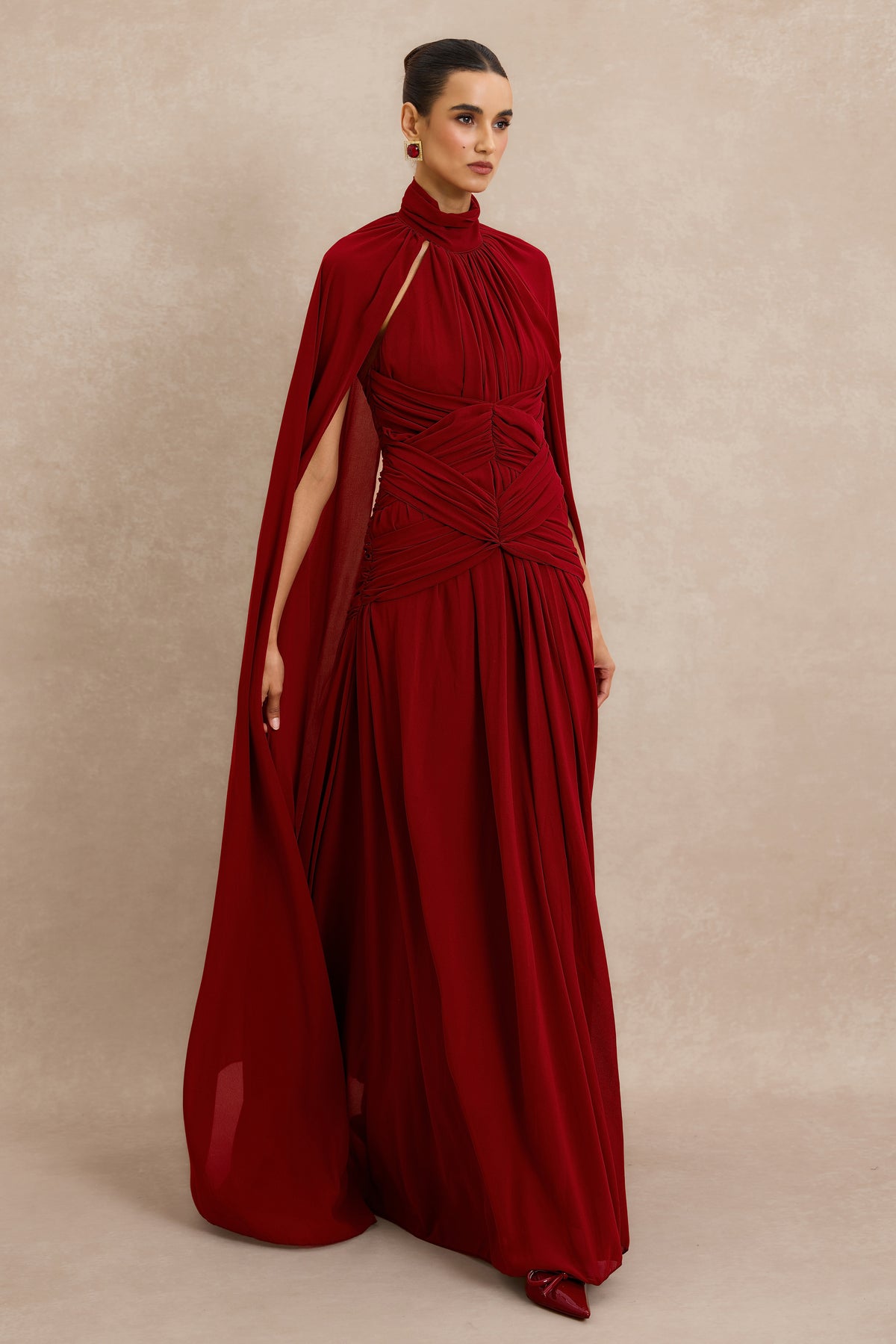 Gathering High Neck Cape Maxi Dress