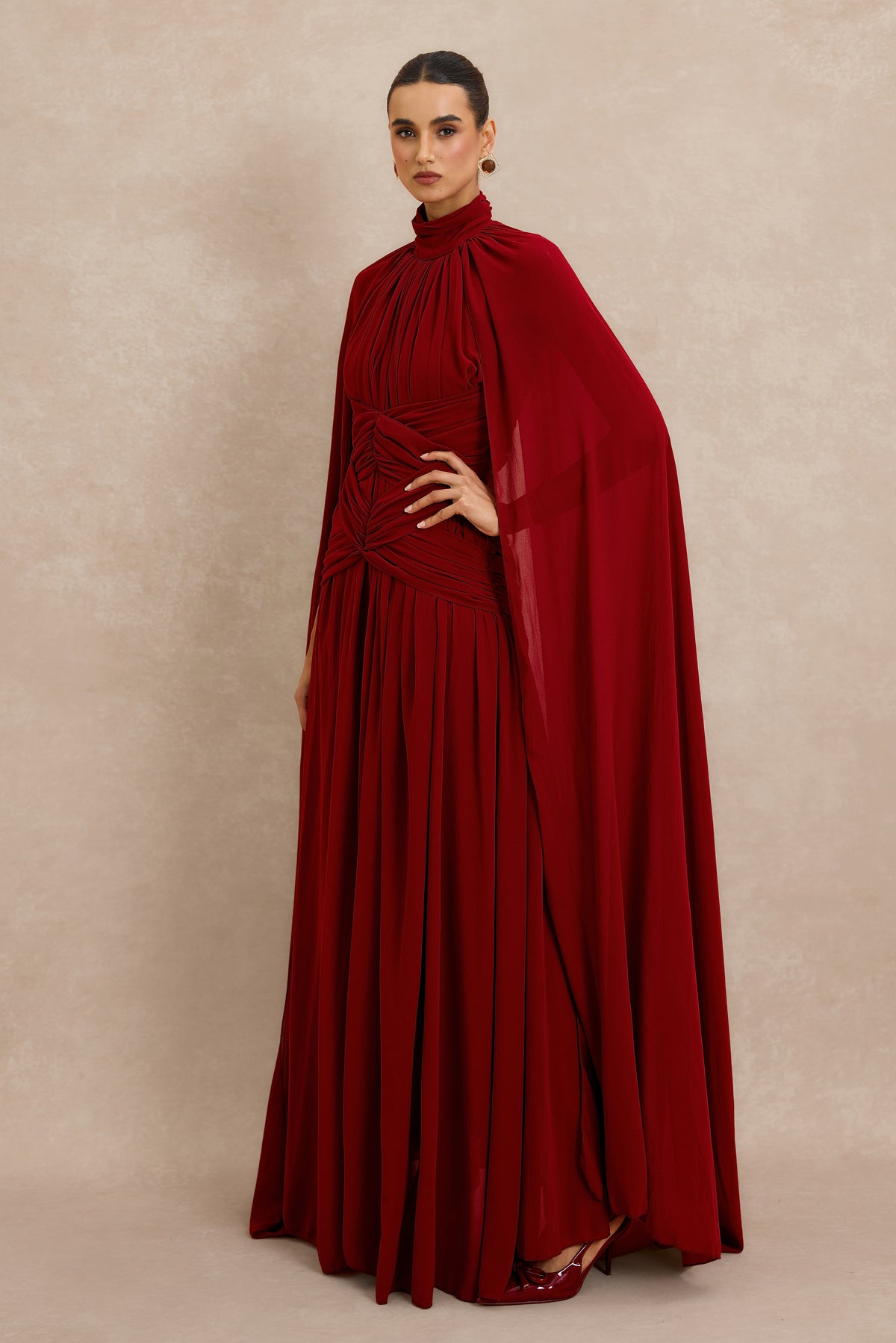 Gathering High Neck Cape Maxi Dress