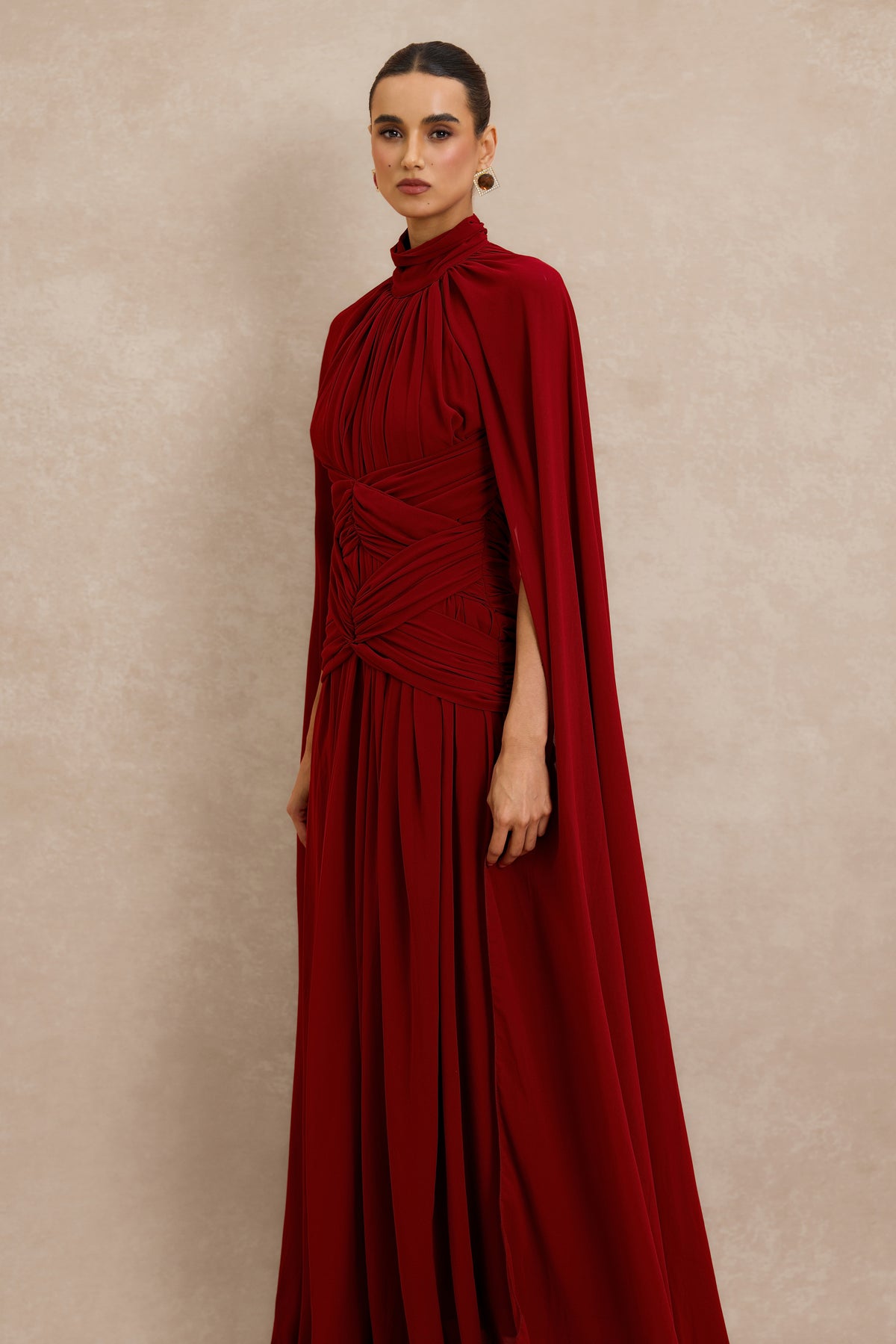 Gathering High Neck Cape Maxi Dress