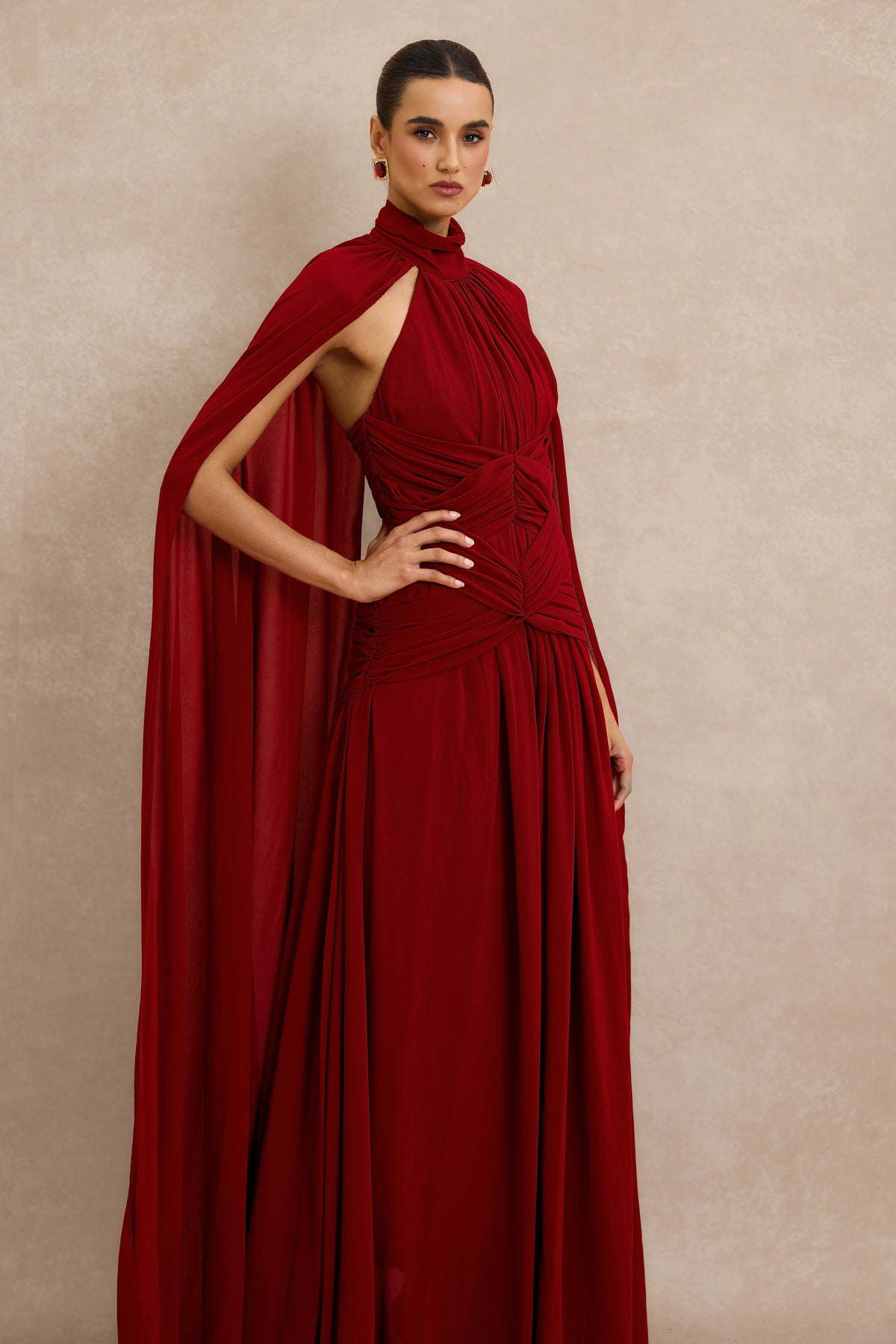Gathering High Neck Cape Maxi Dress