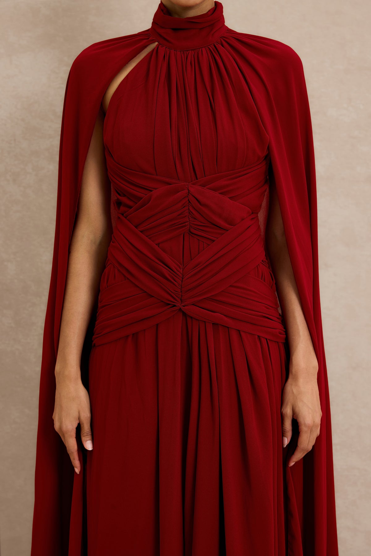 Gathering High Neck Cape Maxi Dress