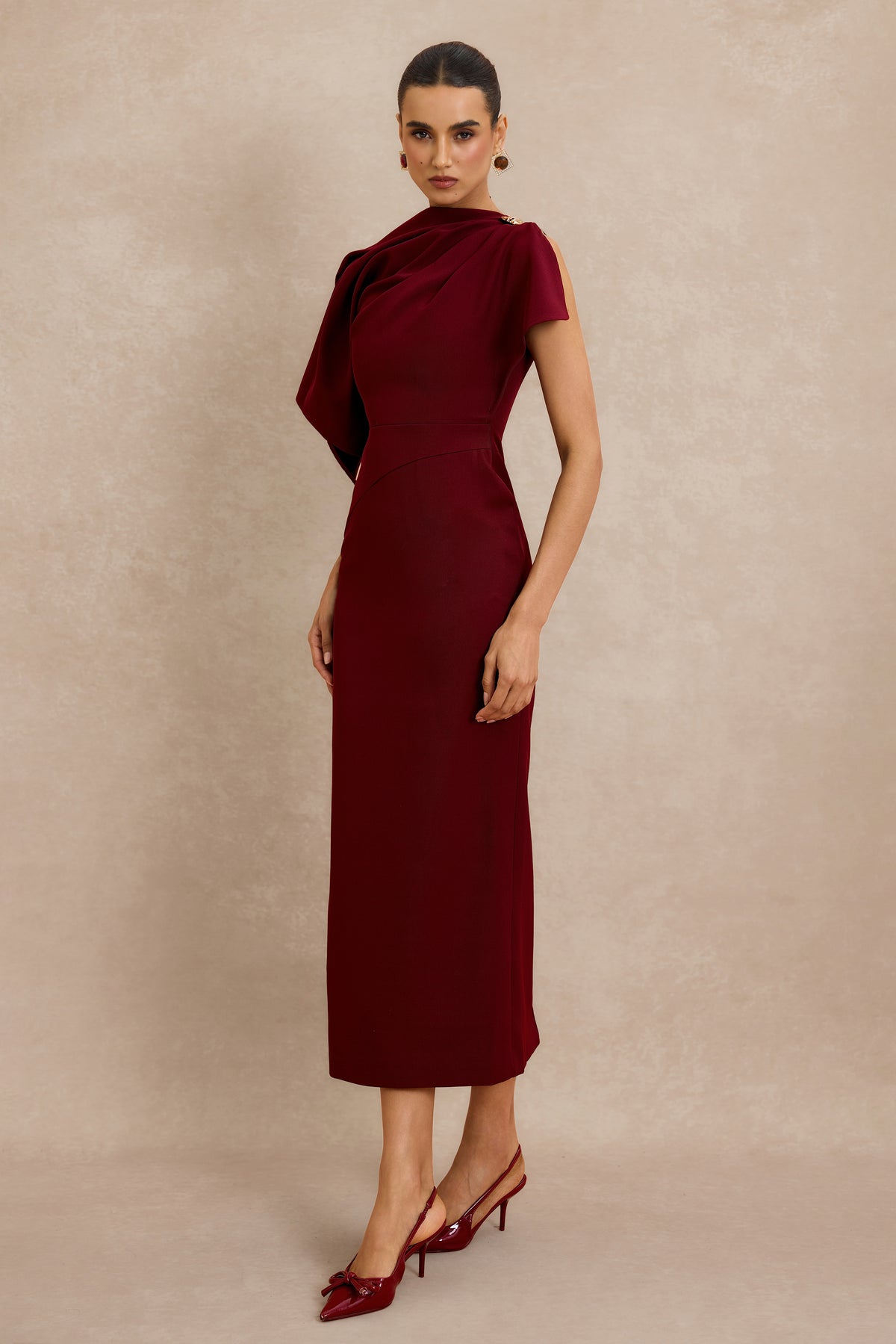 Metal Decorations Asymmetrical Sleeve Midi Dress