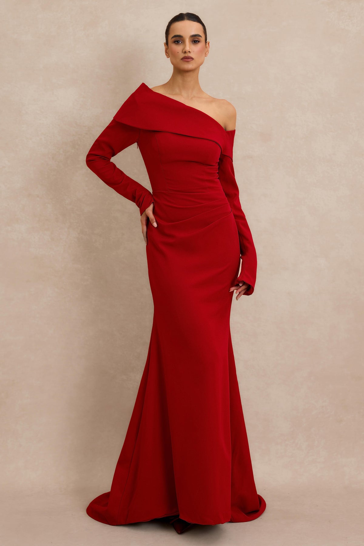 Solid Off-Shoulder Long Sleeve Maxi Dress