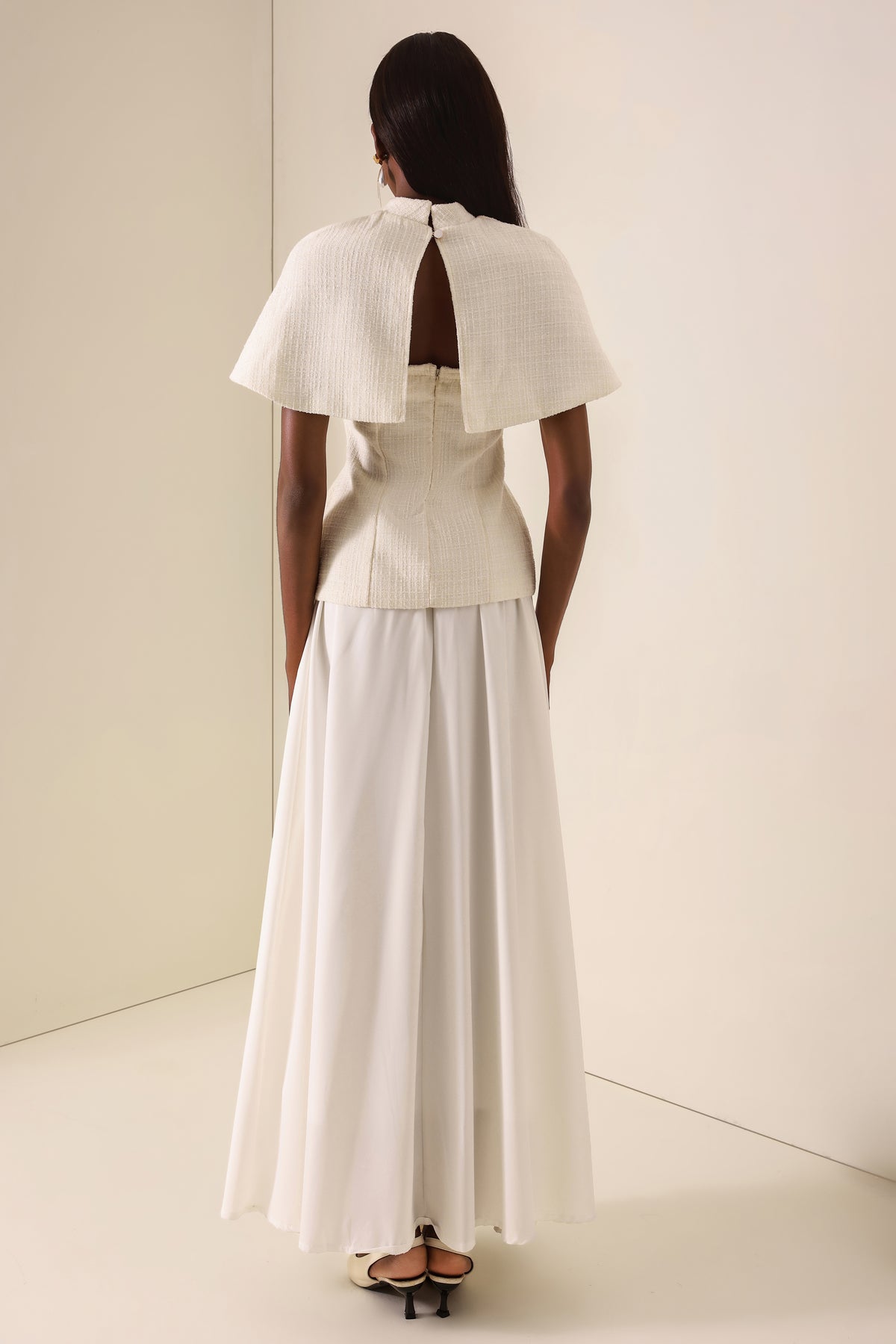 Tweed High Neck Strapless Top With Cape & High Waist Midi Skirt Set