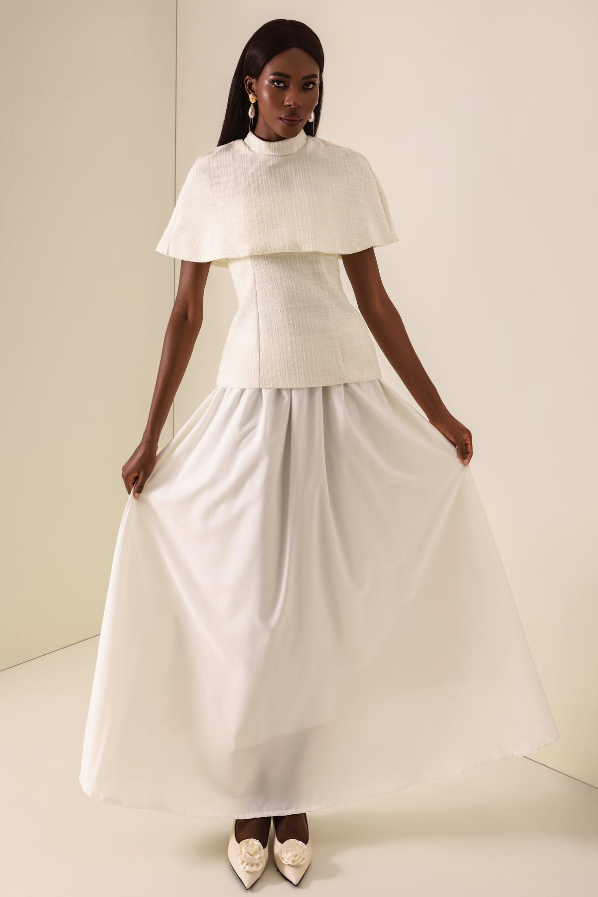 Tweed High Neck Strapless Top With Cape & High Waist Midi Skirt Set