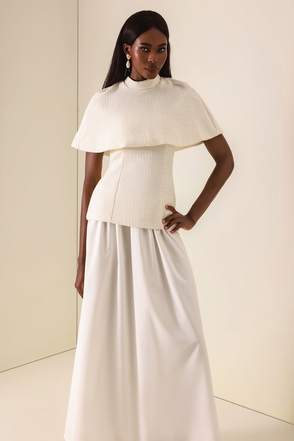 Tweed High Neck Strapless Top With Cape & High Waist Midi Skirt Set