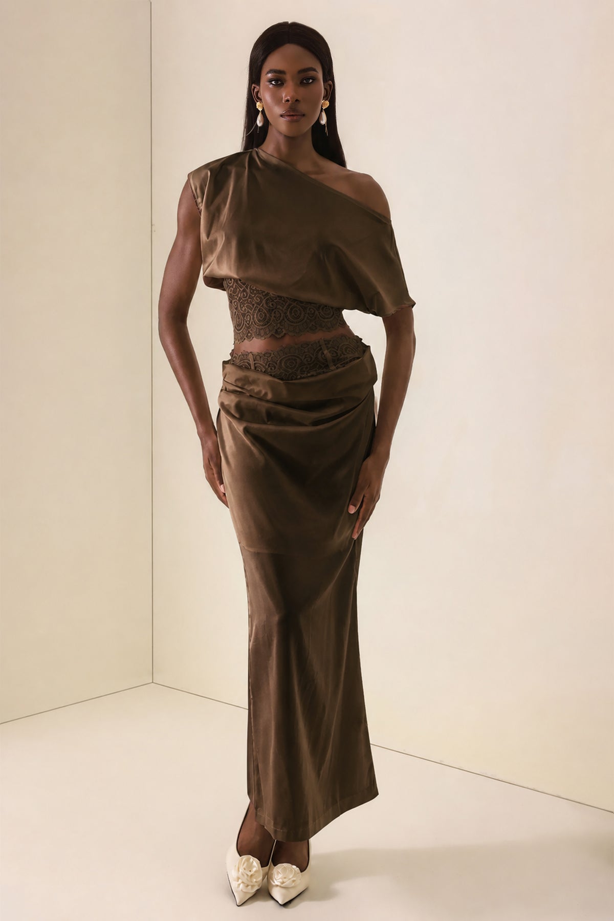 Skew Collar Lace Top & High Waist Midi Skirt Set