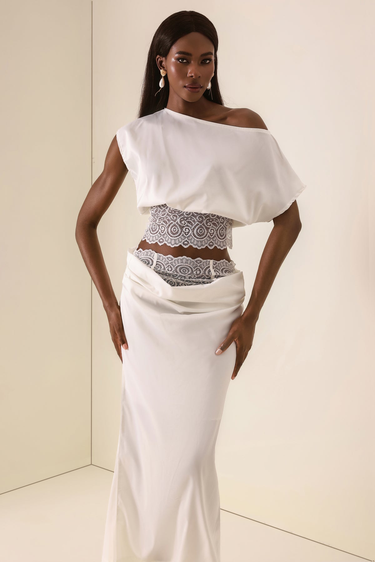Skew Collar Lace Top & High Waist Midi Skirt Set