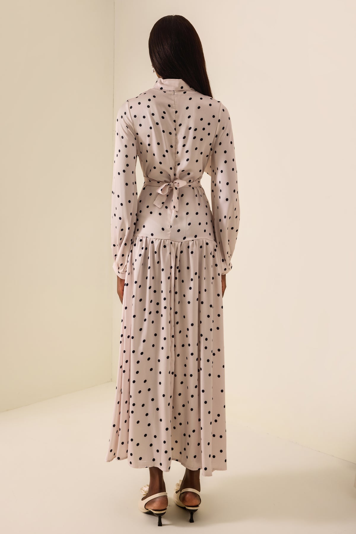Polka Dot Stand Collar Gathering Maxi Dress