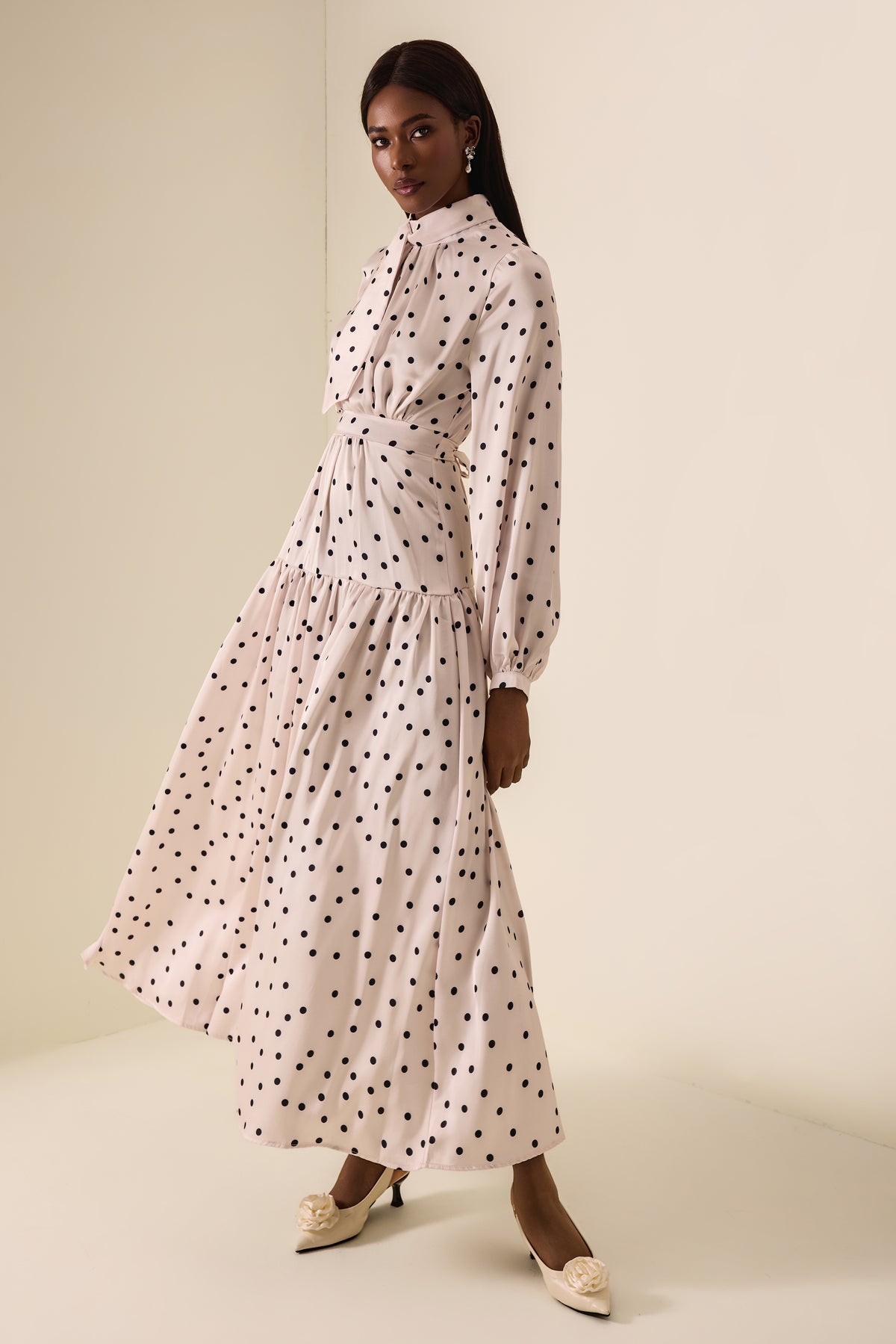 Polka Dot Stand Collar Gathering Maxi Dress