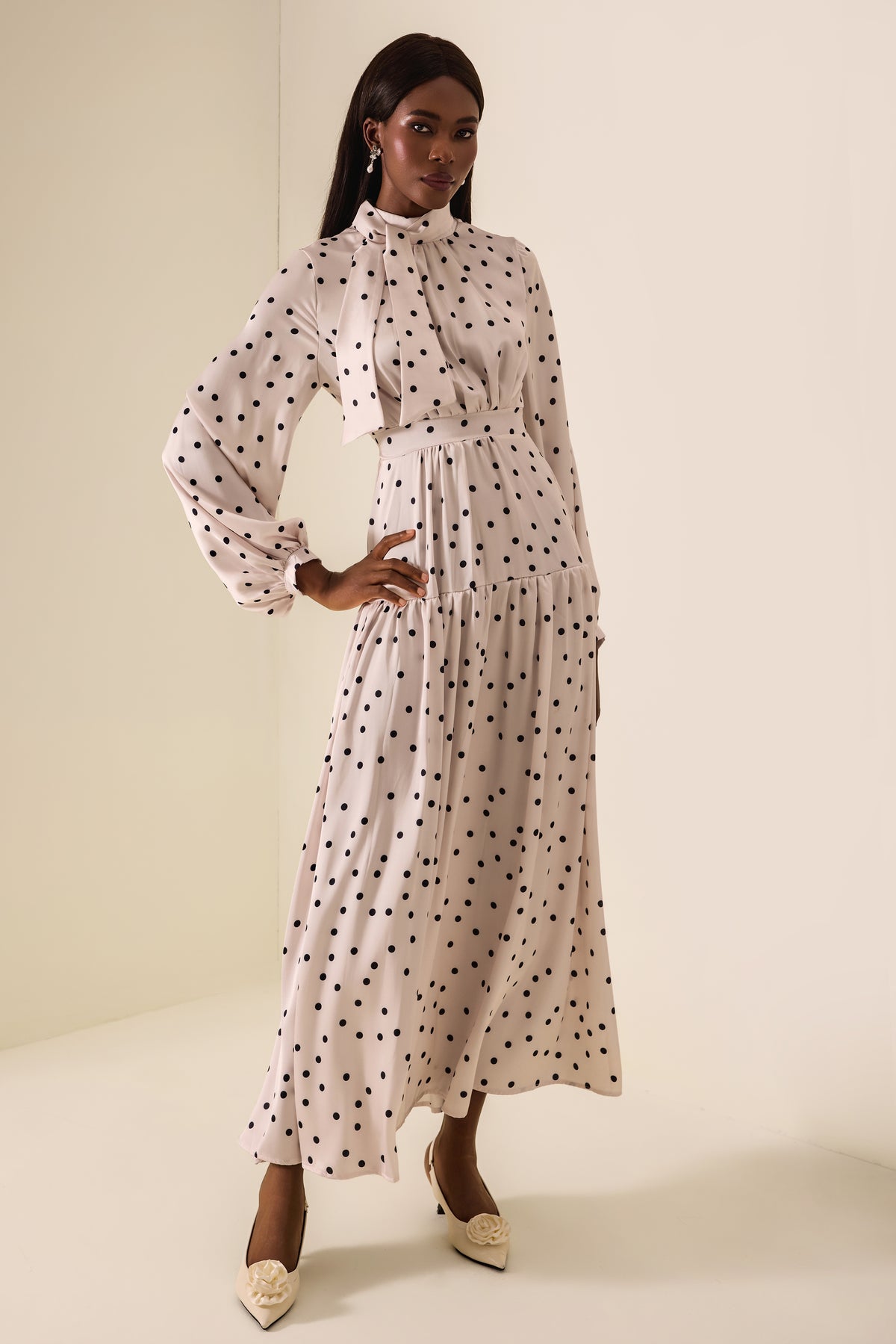 Polka Dot Stand Collar Gathering Maxi Dress