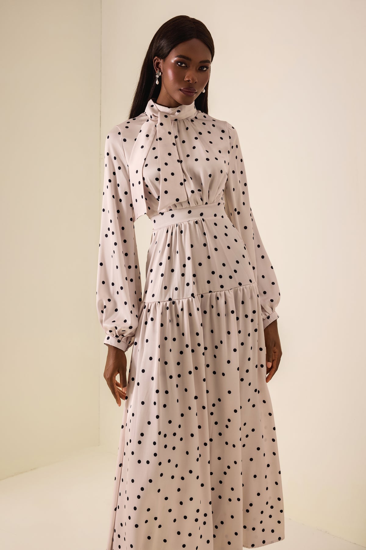 Polka Dot Stand Collar Gathering Maxi Dress