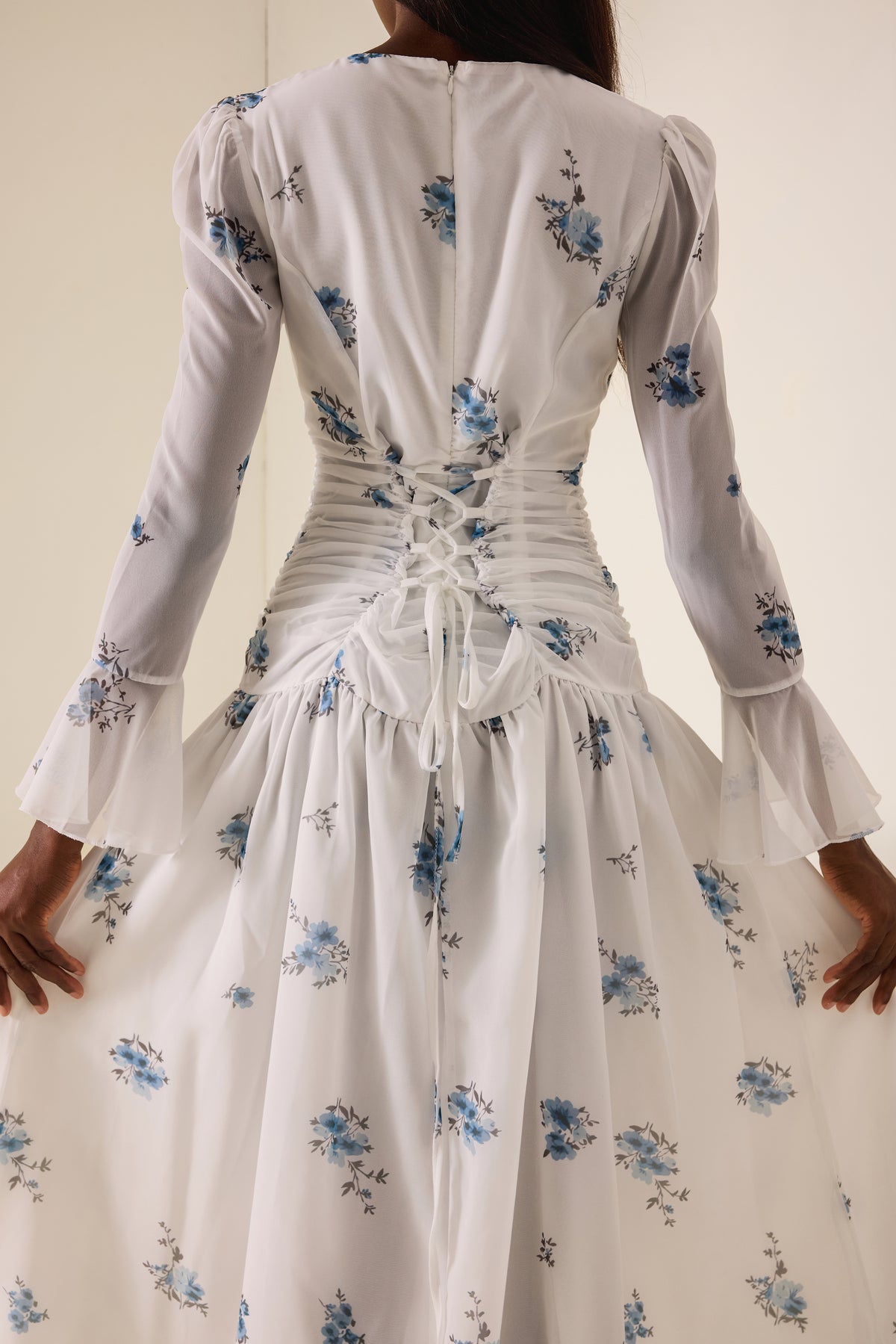 Floral Gathering Bell Sleeve Maxi Dress