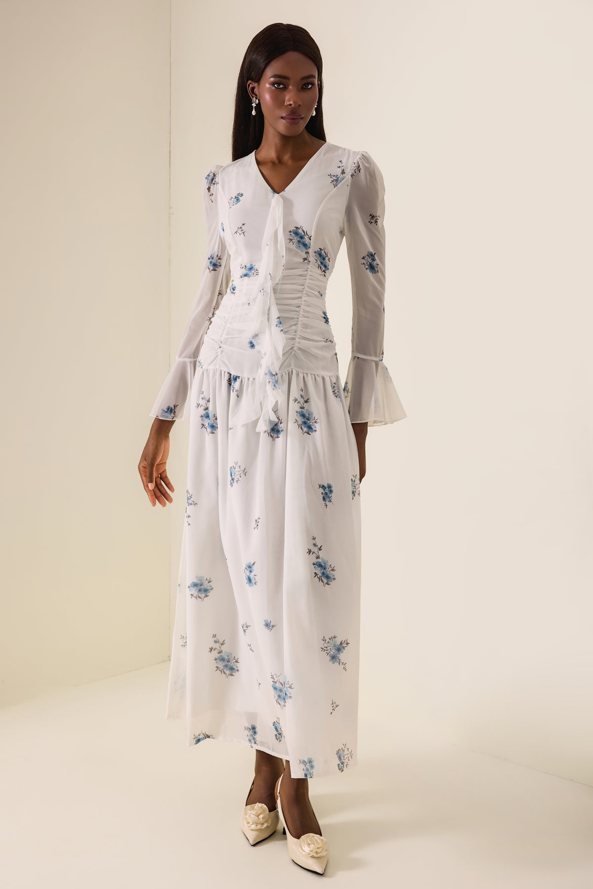 Floral Gathering Bell Sleeve Maxi Dress