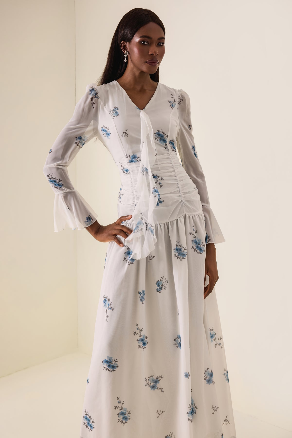 Floral Gathering Bell Sleeve Maxi Dress
