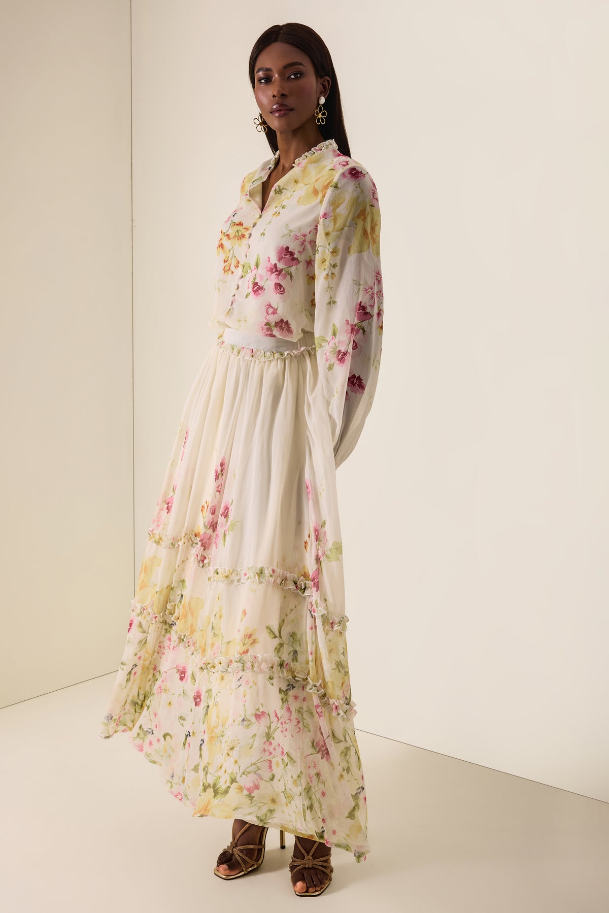Floral Lantern Sleeve Top & High Waist Frill Midi Skirt Set