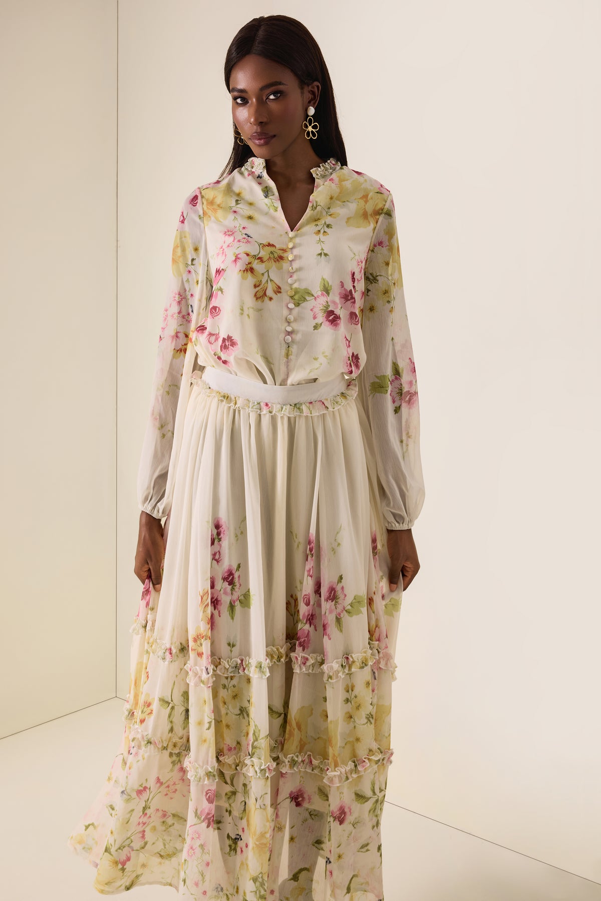 Floral Lantern Sleeve Top & High Waist Frill Midi Skirt Set