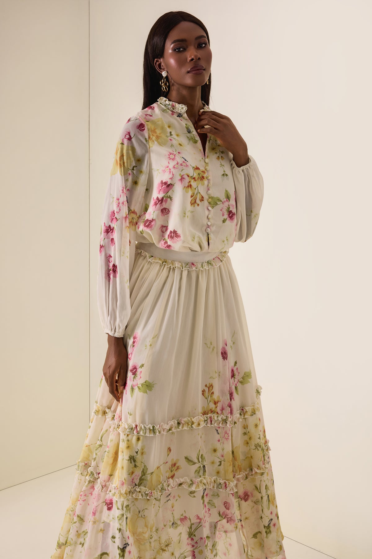 Floral Lantern Sleeve Top & High Waist Frill Midi Skirt Set
