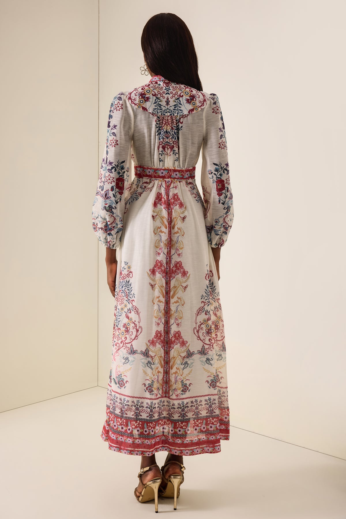 Floral Single Breasted Lantern Sleeve Midi Dress