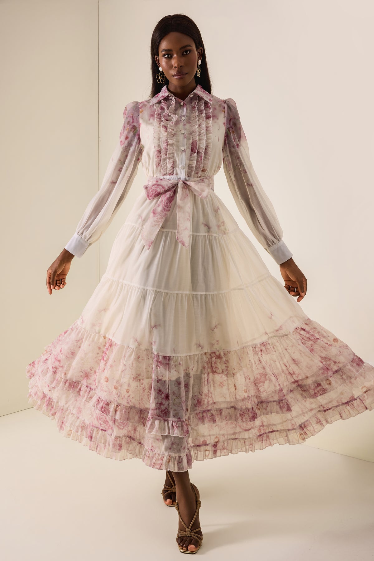 Floral Print  Lace-Up Frill Midi Dress