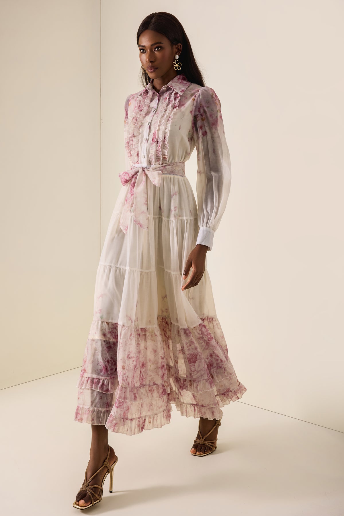Floral Print  Lace-Up Frill Midi Dress