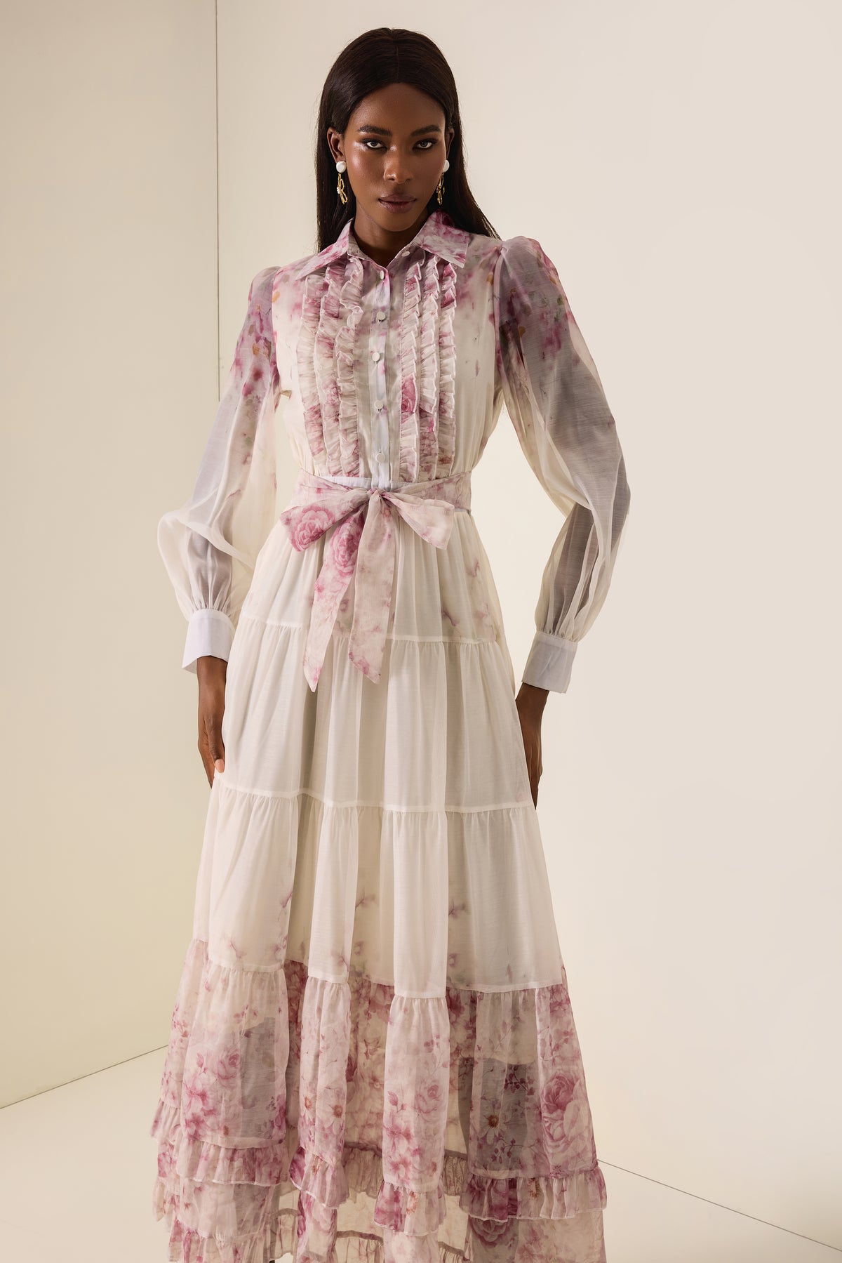 Floral Print  Lace-Up Frill Midi Dress
