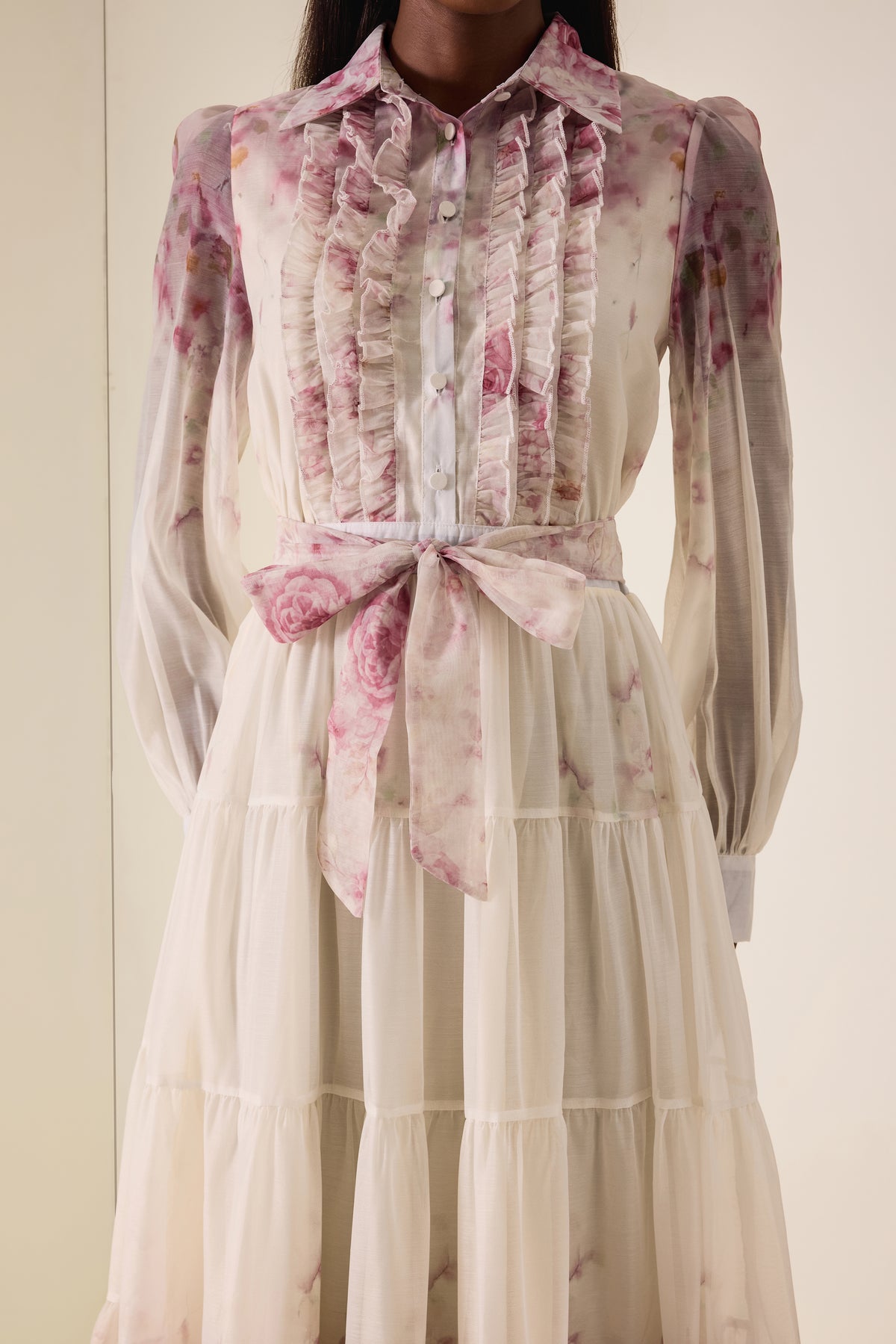 Floral Print  Lace-Up Frill Midi Dress