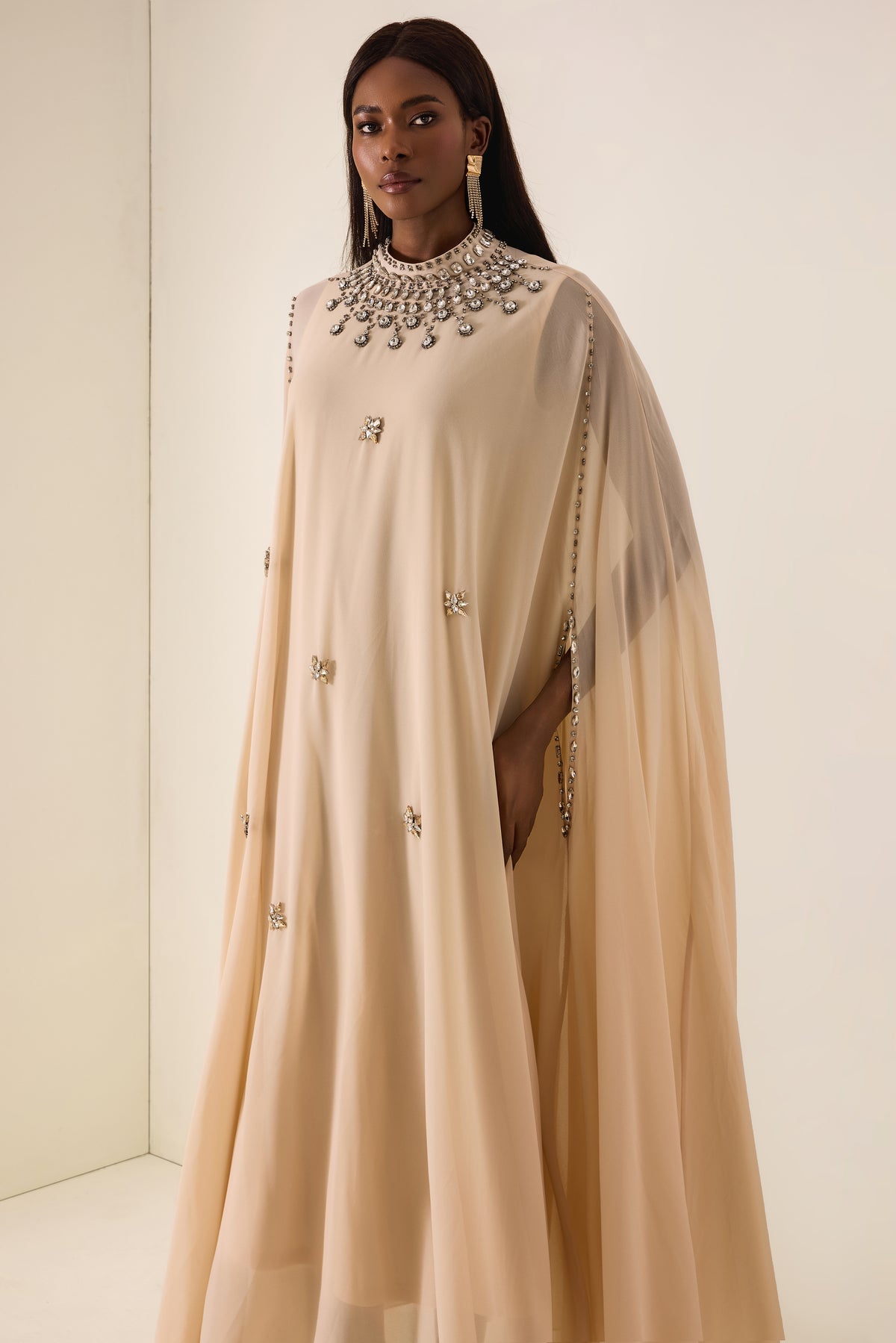 Chiffon Rhinestone Rivets Cape Midi Dress