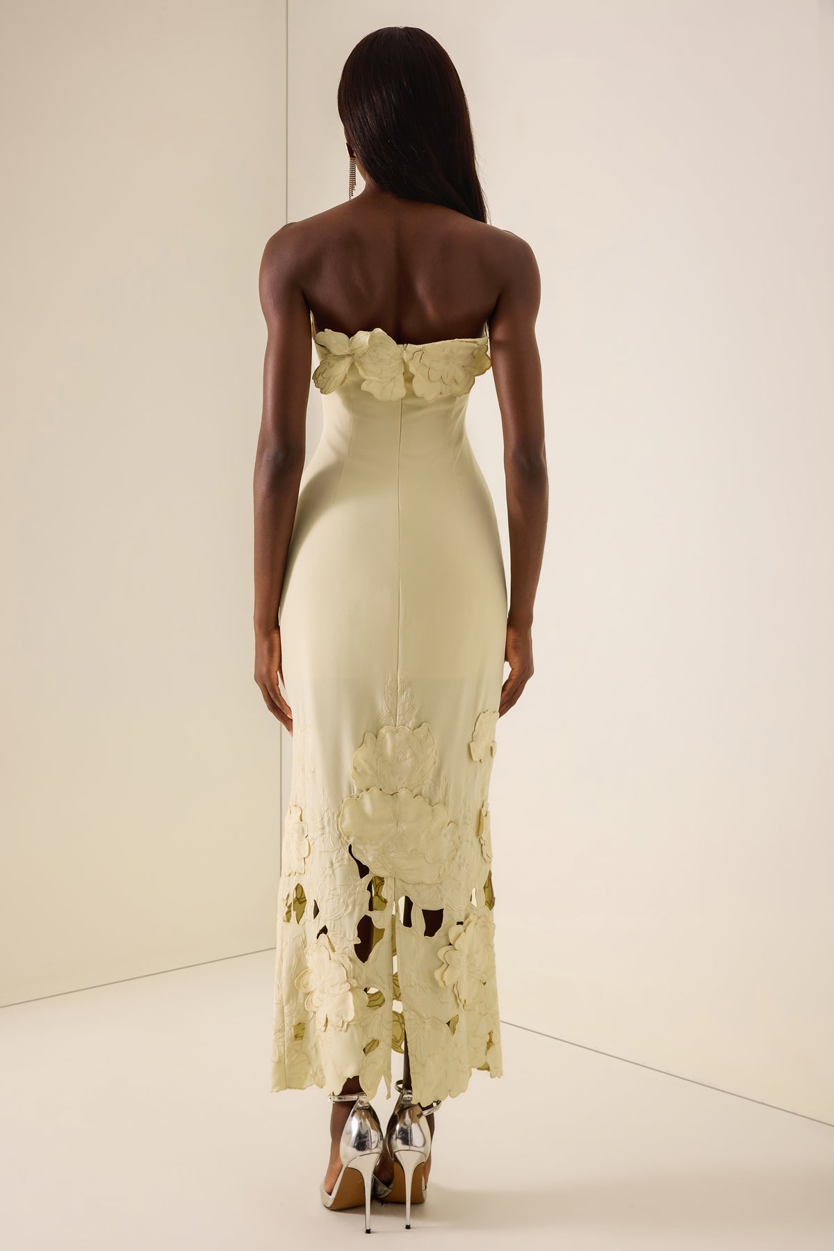 Off-Shoulder Floral Appliquéd Midi Dress