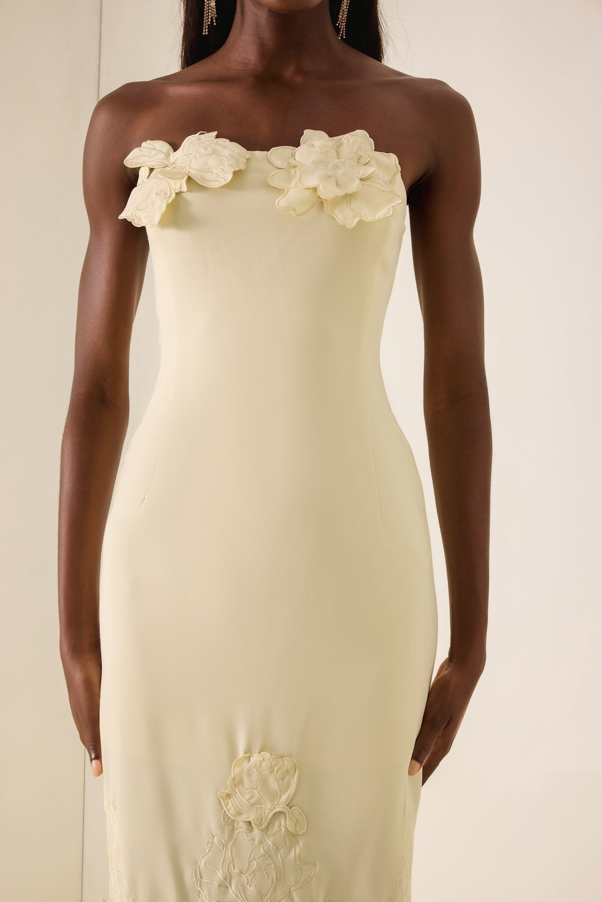 Off-Shoulder Floral Appliquéd Midi Dress