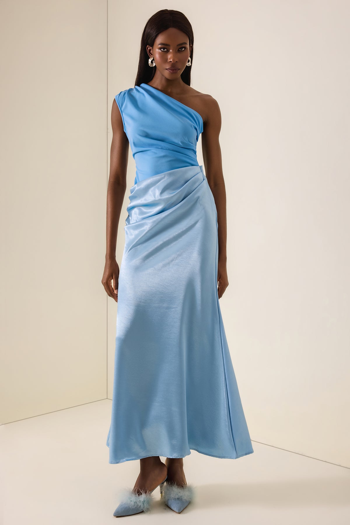 One Shoulder Pleat Maxi Dress