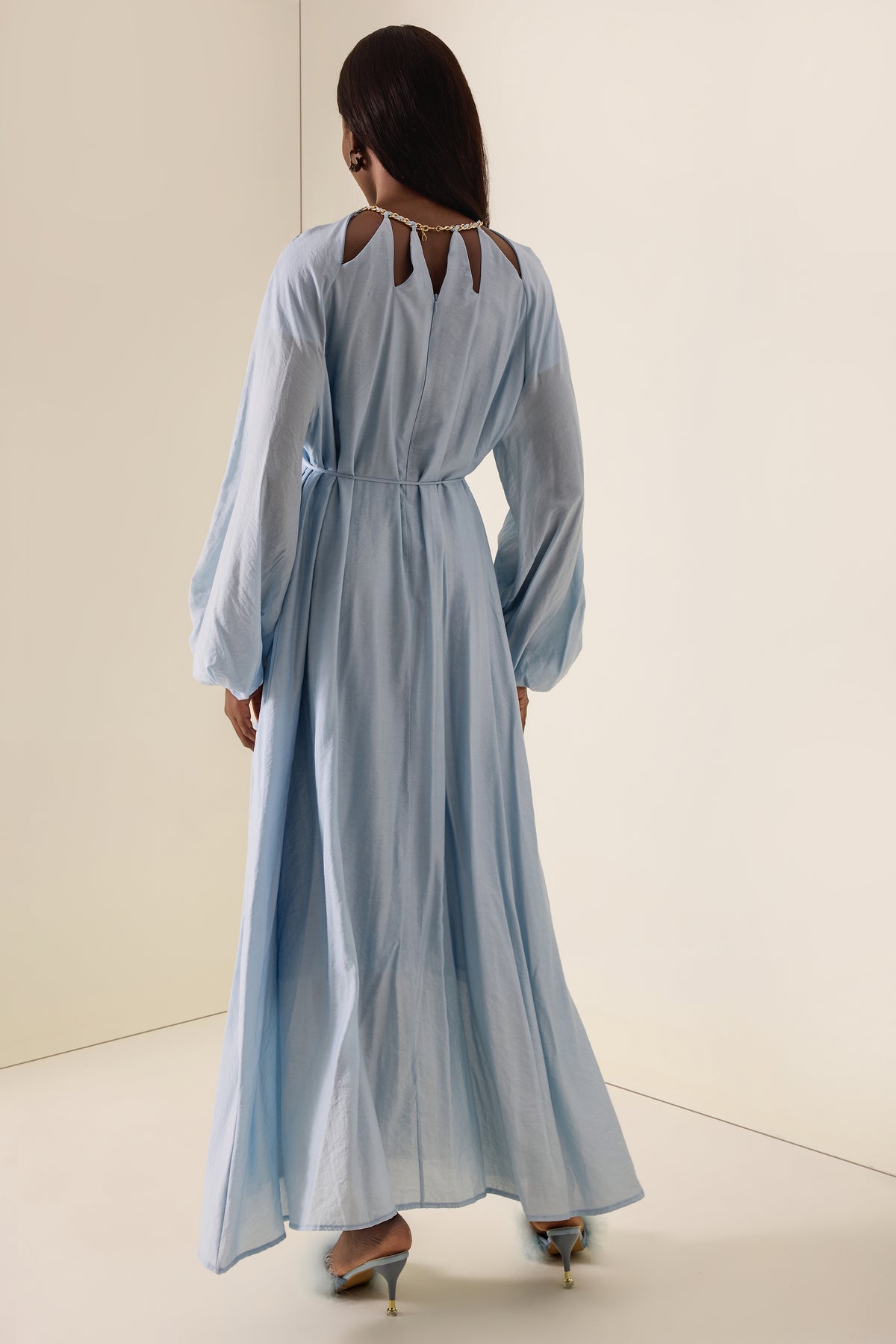 Cut-Out Lantern Sleeve Lace-Up Midi Dress