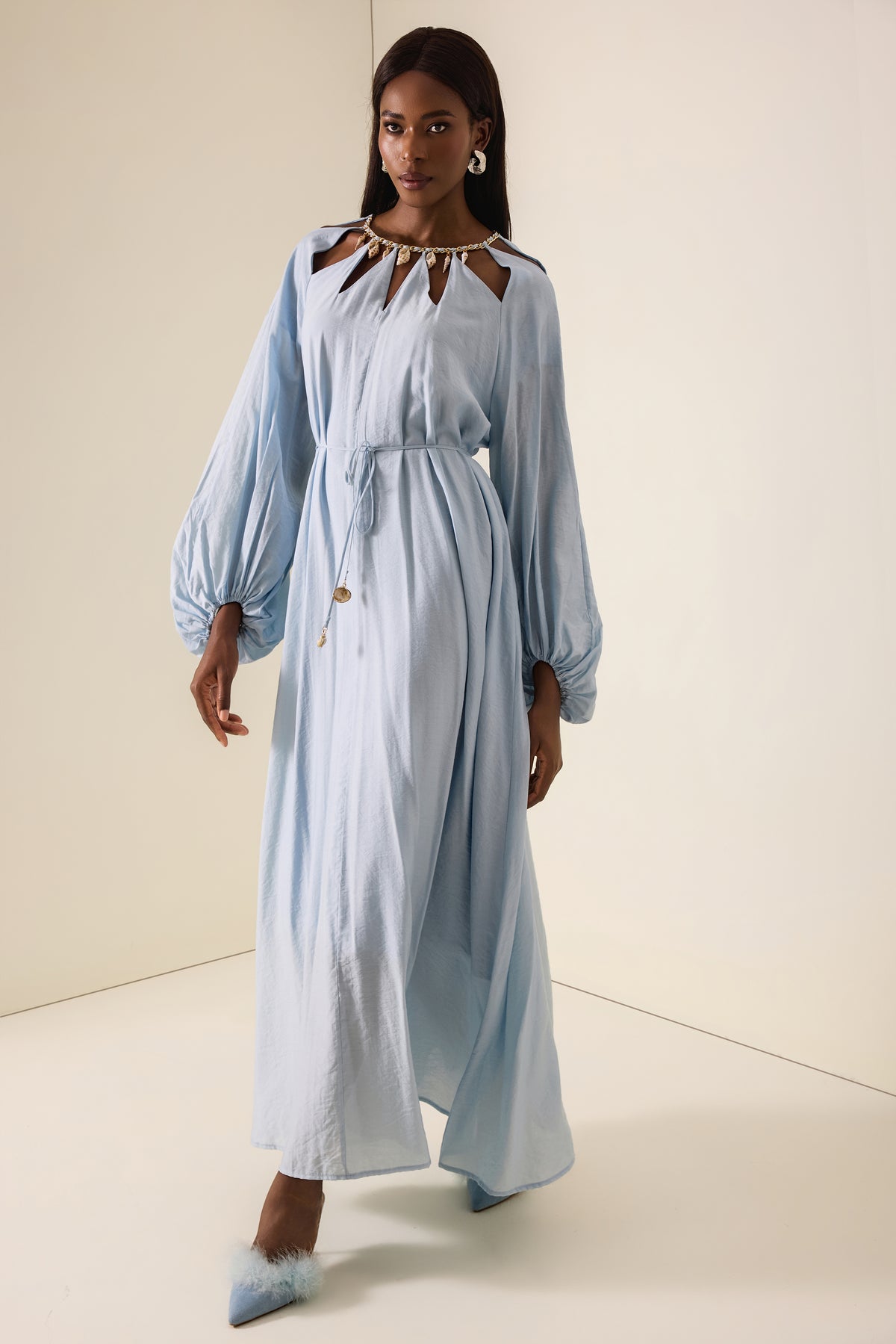 Cut-Out Lantern Sleeve Lace-Up Midi Dress