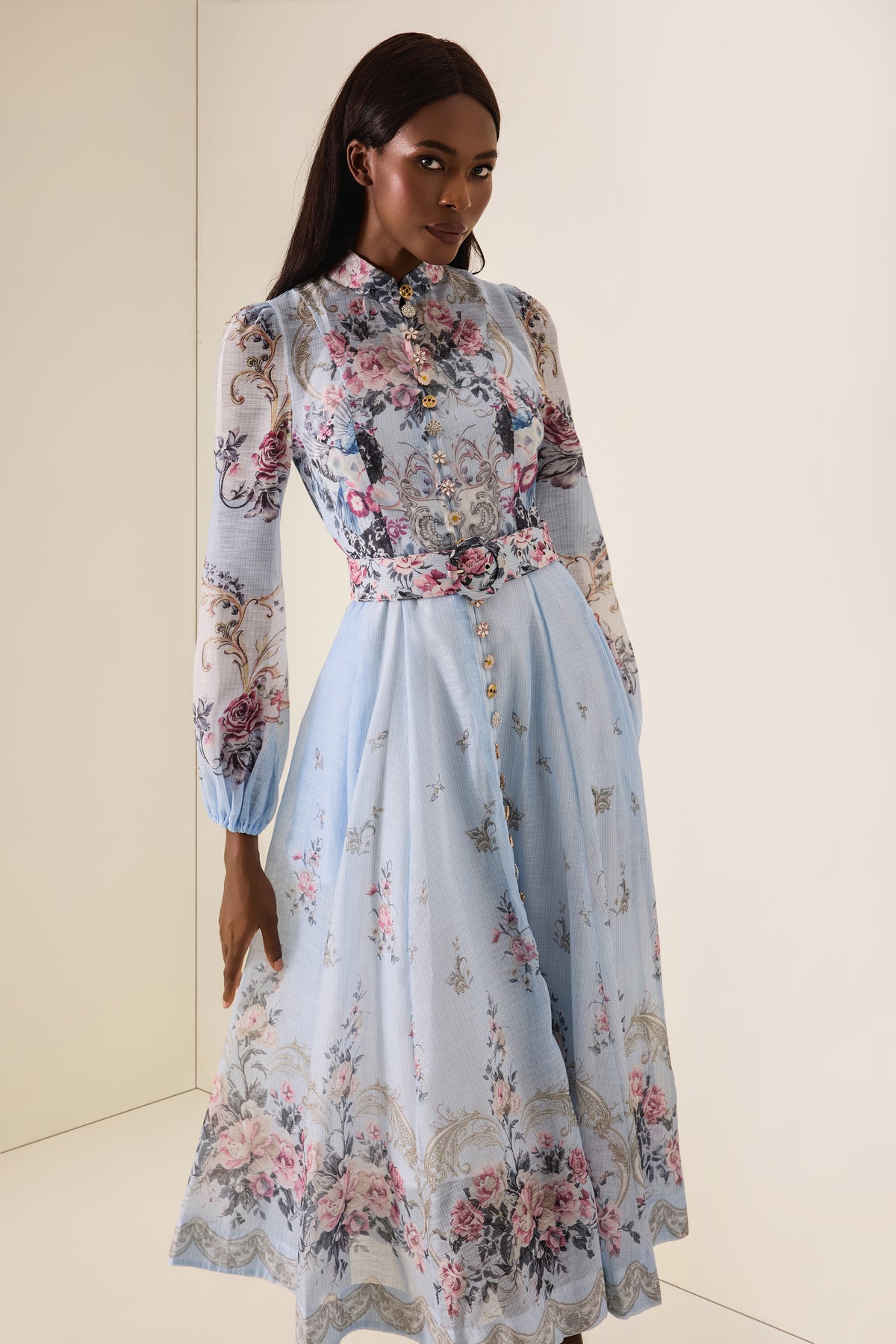 Floral Button Midi Dress With Belt