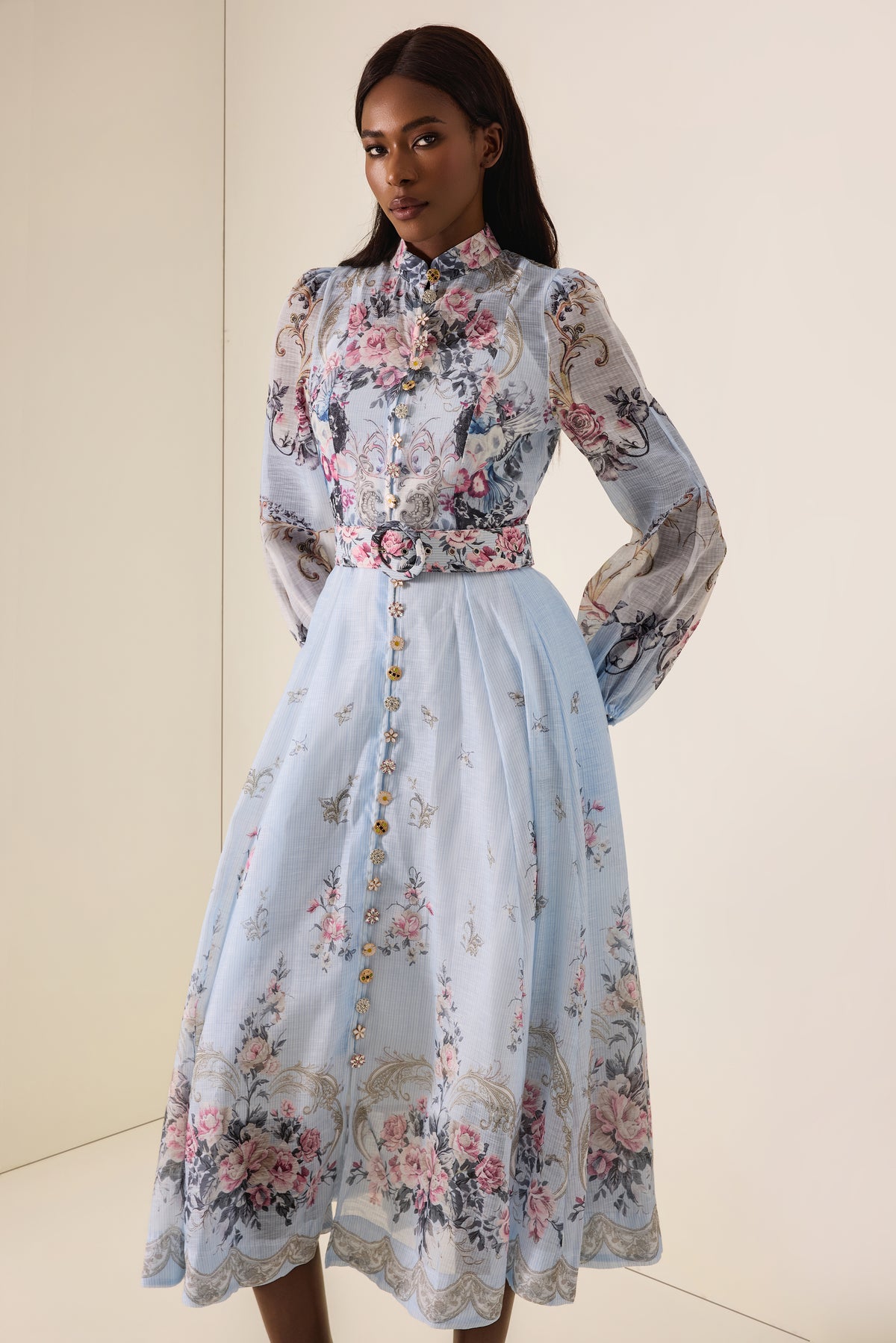 Floral Button Midi Dress With Belt