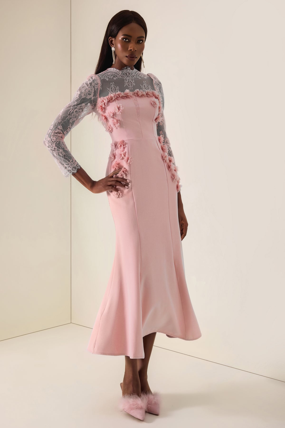 3D Flower Lace Long Sleeve Midi Dress
