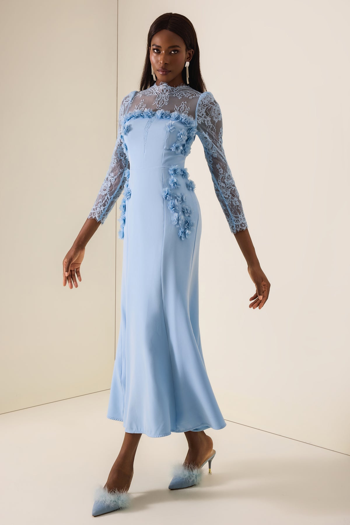 3D Flower Lace Long Sleeve Midi Dress