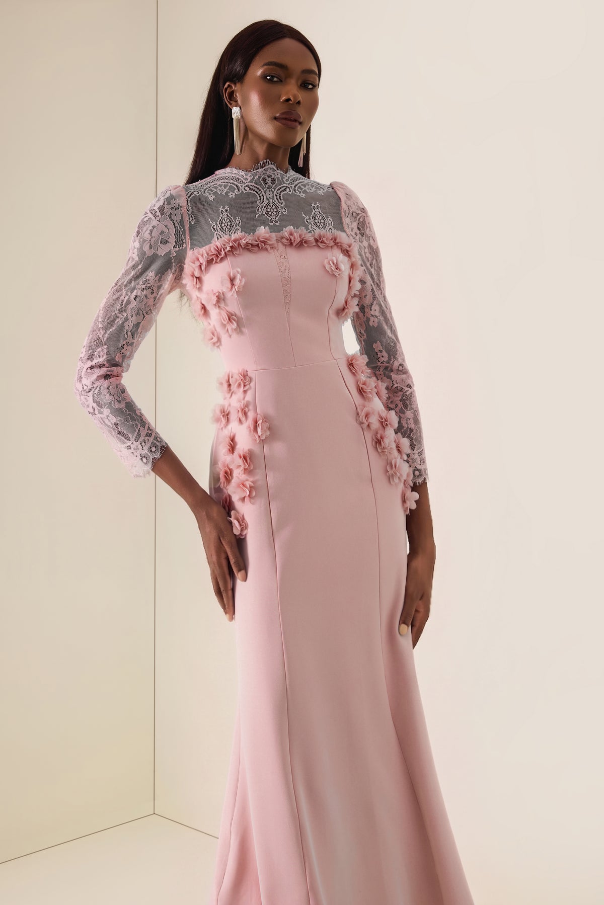 3D Flower Lace Long Sleeve Midi Dress