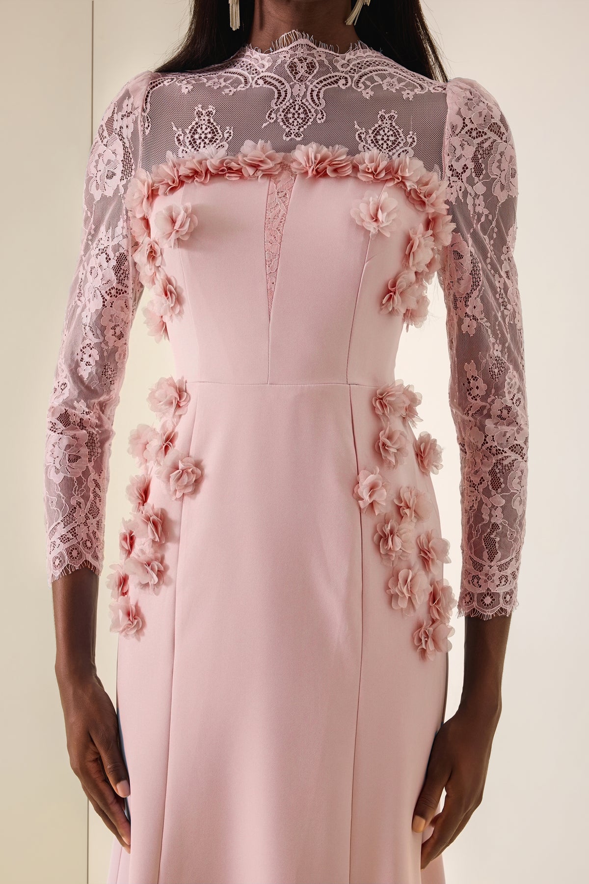 3D Flower Lace Long Sleeve Midi Dress