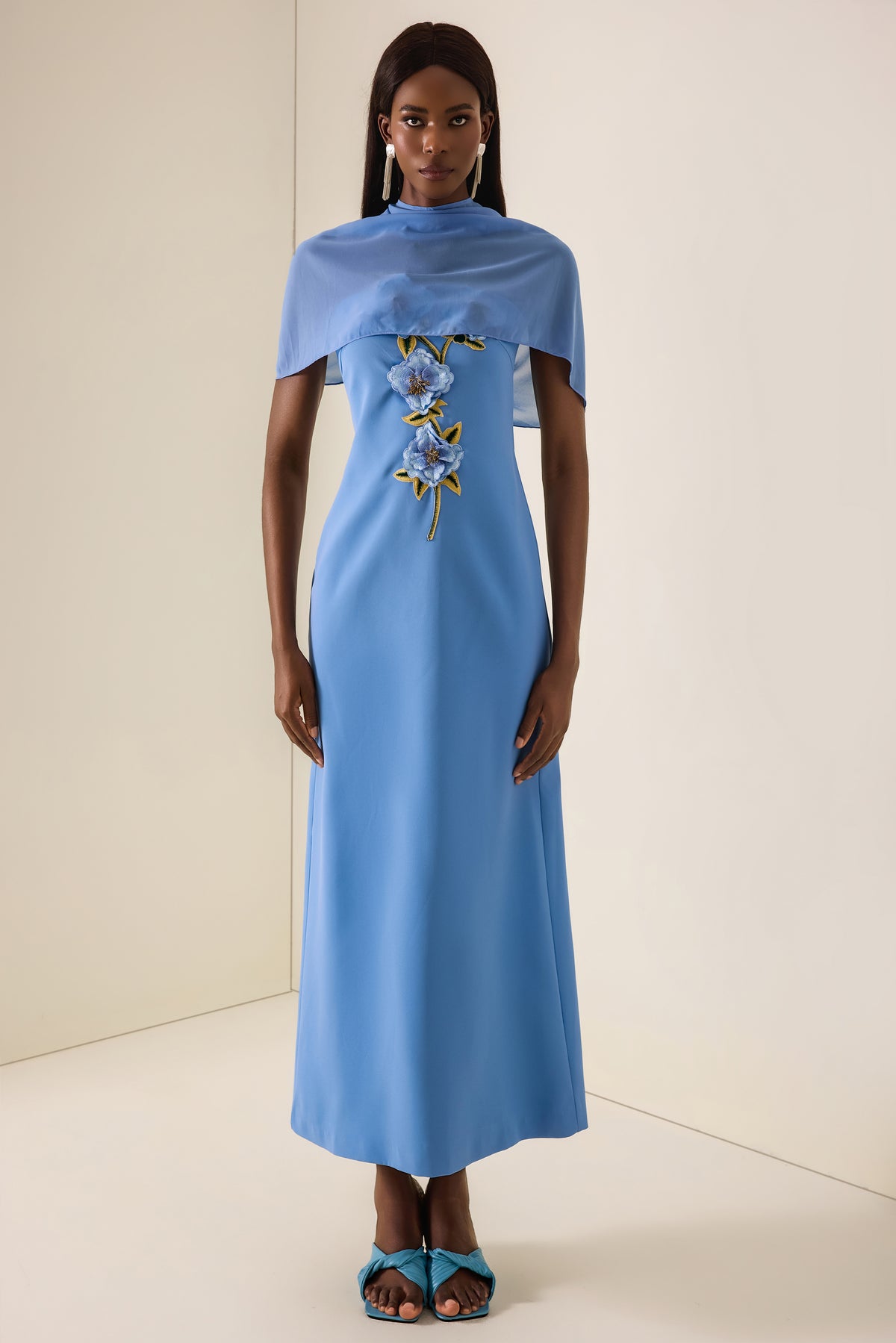 Embroidered Strapless Maxi Dress With Cape