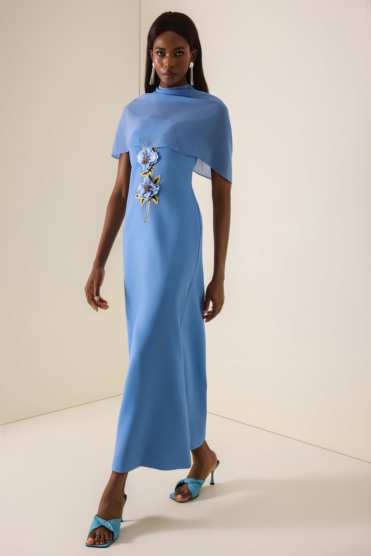 Embroidered Strapless Maxi Dress With Cape